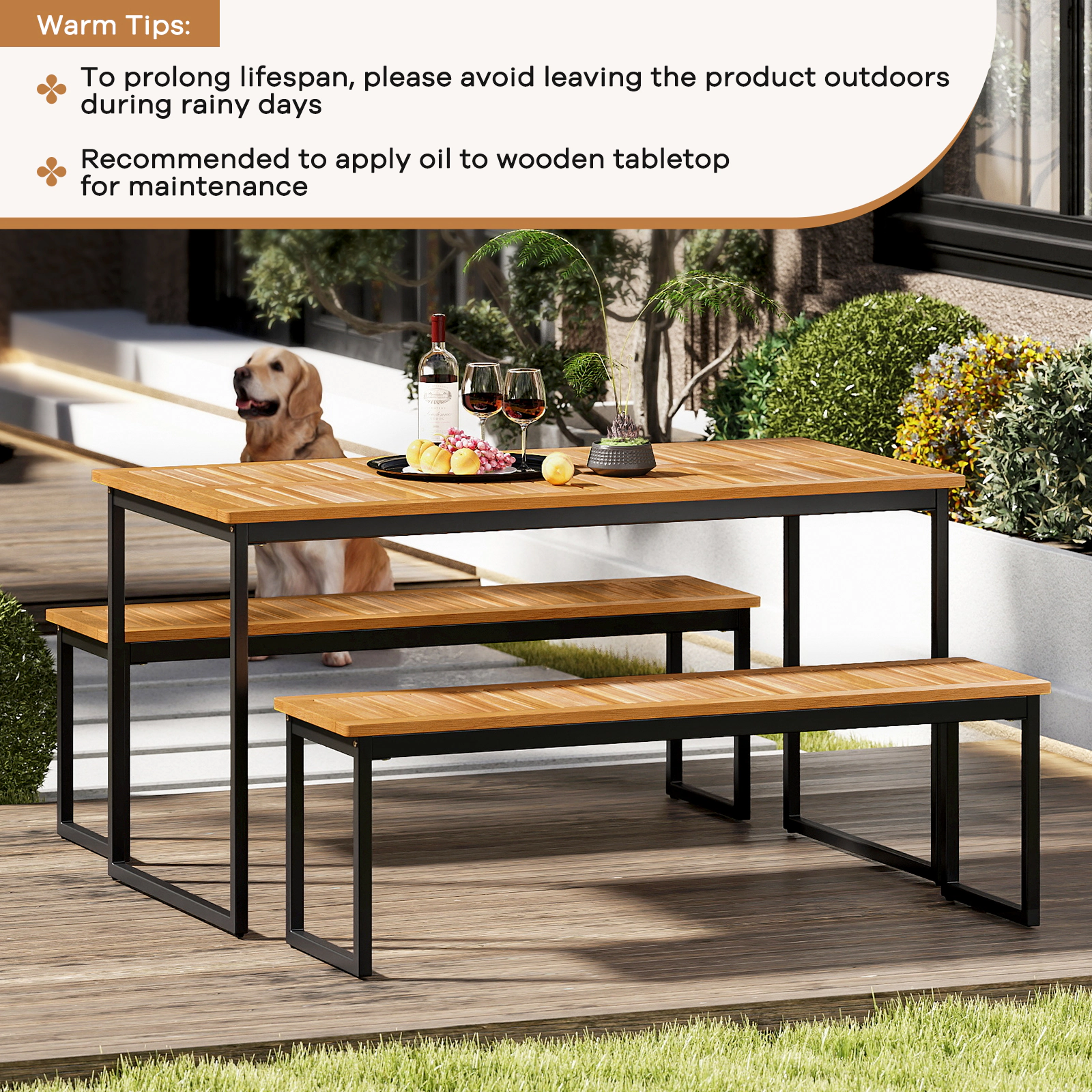 SUGIFT Set of 2 Acacia Wood Patio Dining Benches 51-in Long 800-lb Capacity Indoor Outdoor Natural + Black