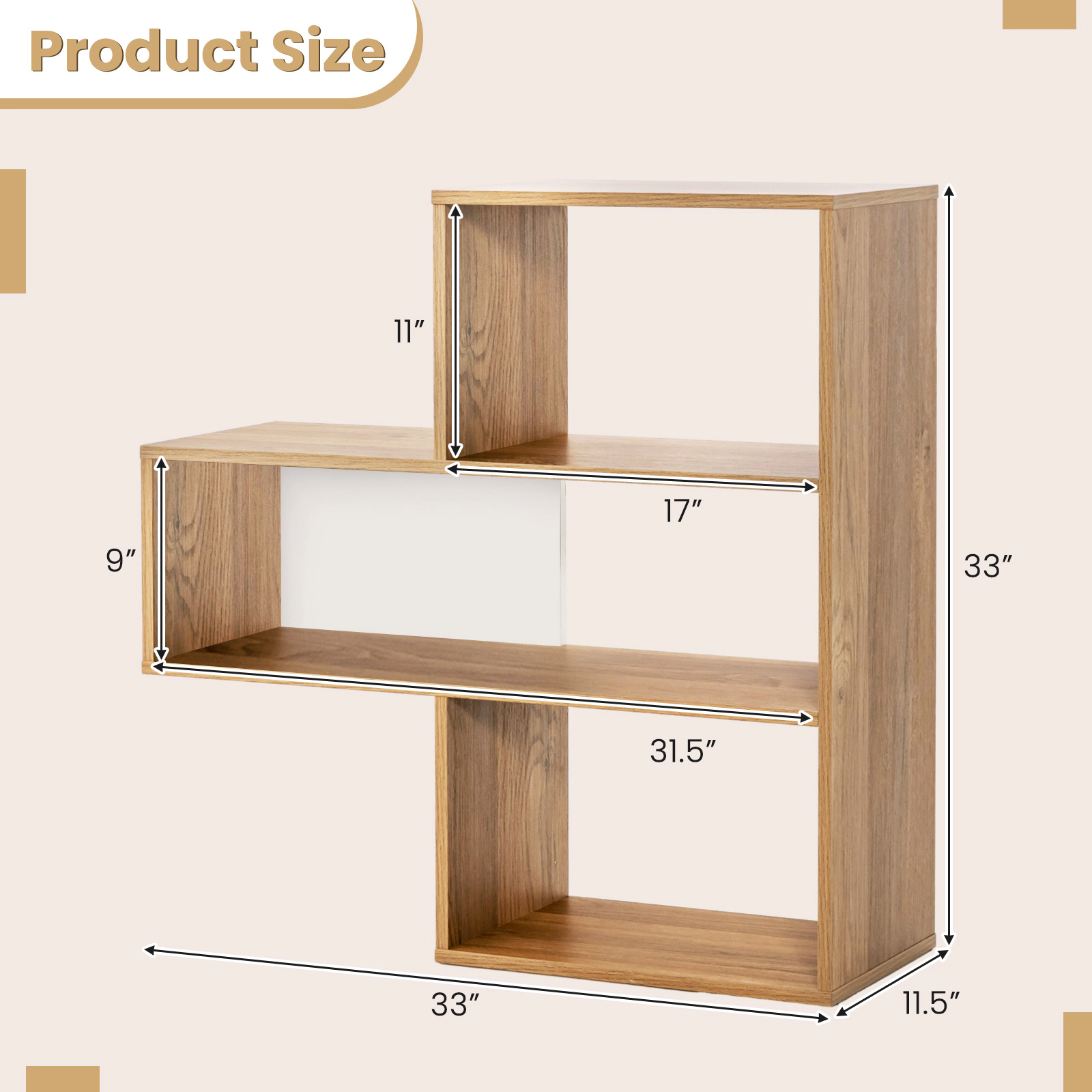 SUGIFT 3-Shelf Natural 33-in Open Convex Bookshelf Display Organizer with Anti-Toppling Device and 88-lb Top