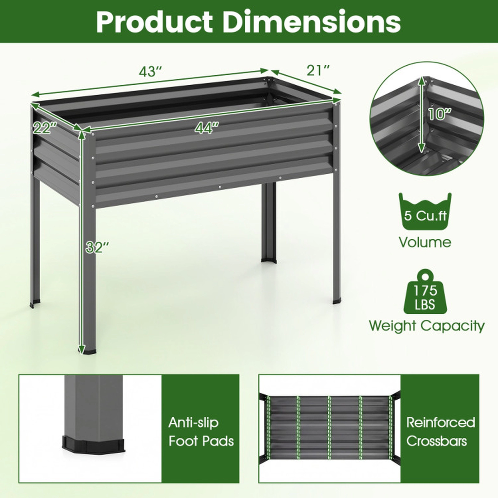 SUGIFT 175-lb Capacity 5-cu ft 44-in Electro-Coated Metal Raised Garden Bed with Legs and Drainage Holes