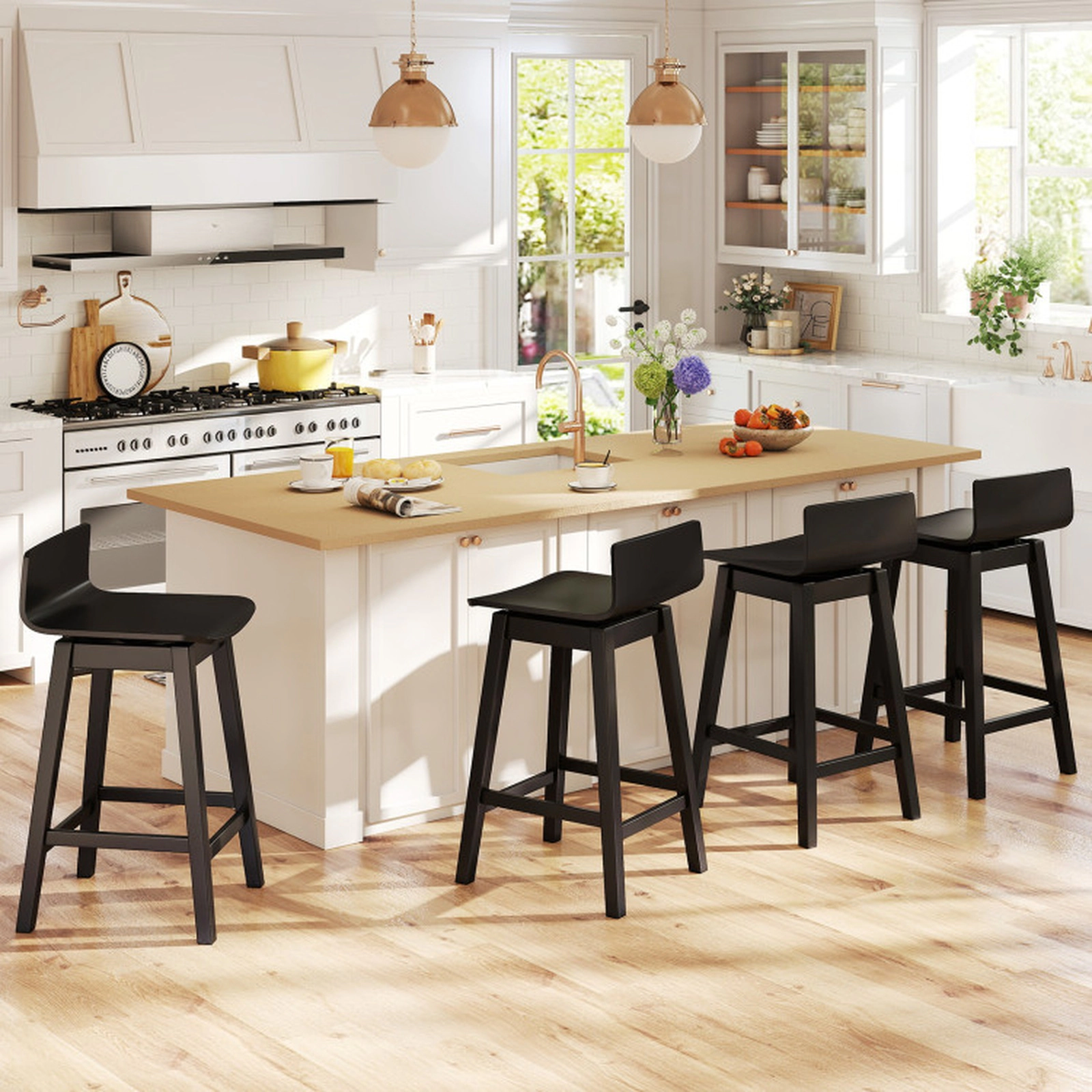 SUGIFT 24.5-in Seat Height Swivel Wooden Bar Stools with Low Back 350-lb Capacity Set of 4 Walnut/Black/White