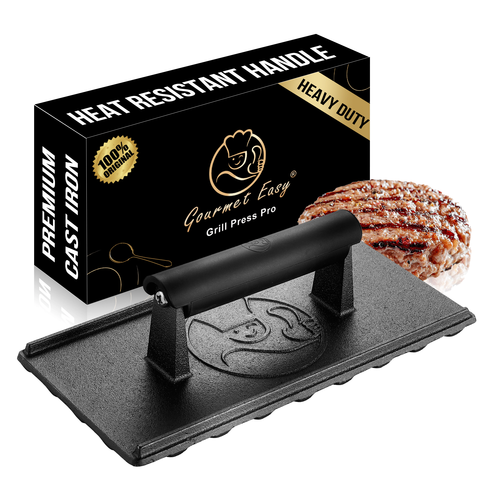 Gourmet Easy Grill Press with Heat Resistant Handle, 3LBS Cast Iron Smash Burger Press