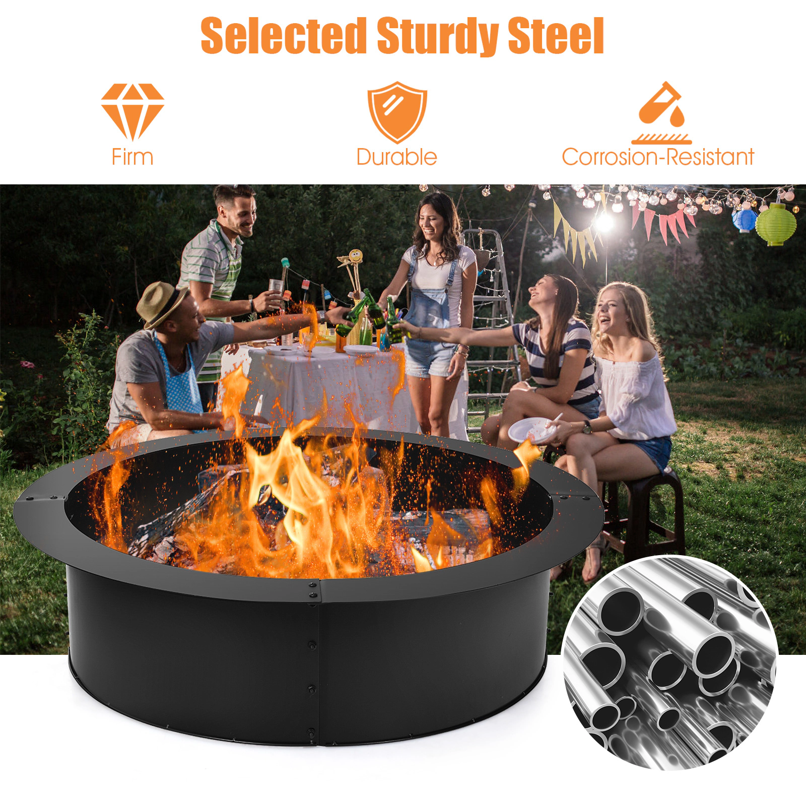 SUGIFT Round Fire Pit Ring Insert 36-in Outside 30-in Inside 10-in High for Outdoor Backyard Black