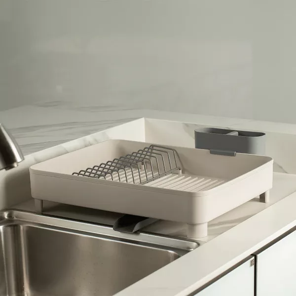 OU Dish Drying Rack w/ Drainage Spout & 19 oz Liquid Soap Dispenser Sponge Holder, Compact Nonslip Kitchen Organizer