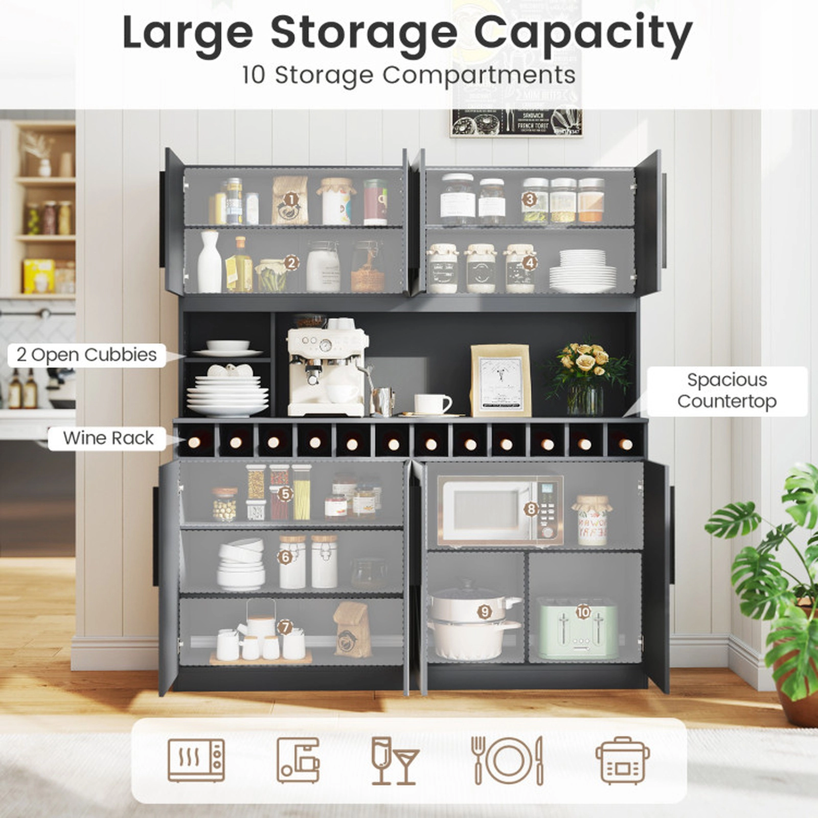 SUGIFT 70-in Farmhouse 4 Cabinets 2 Shelves 12 Wine Slots Kitchen Pantry Hutch 63-in x 16-in 330-lb Capacity Dark Gray