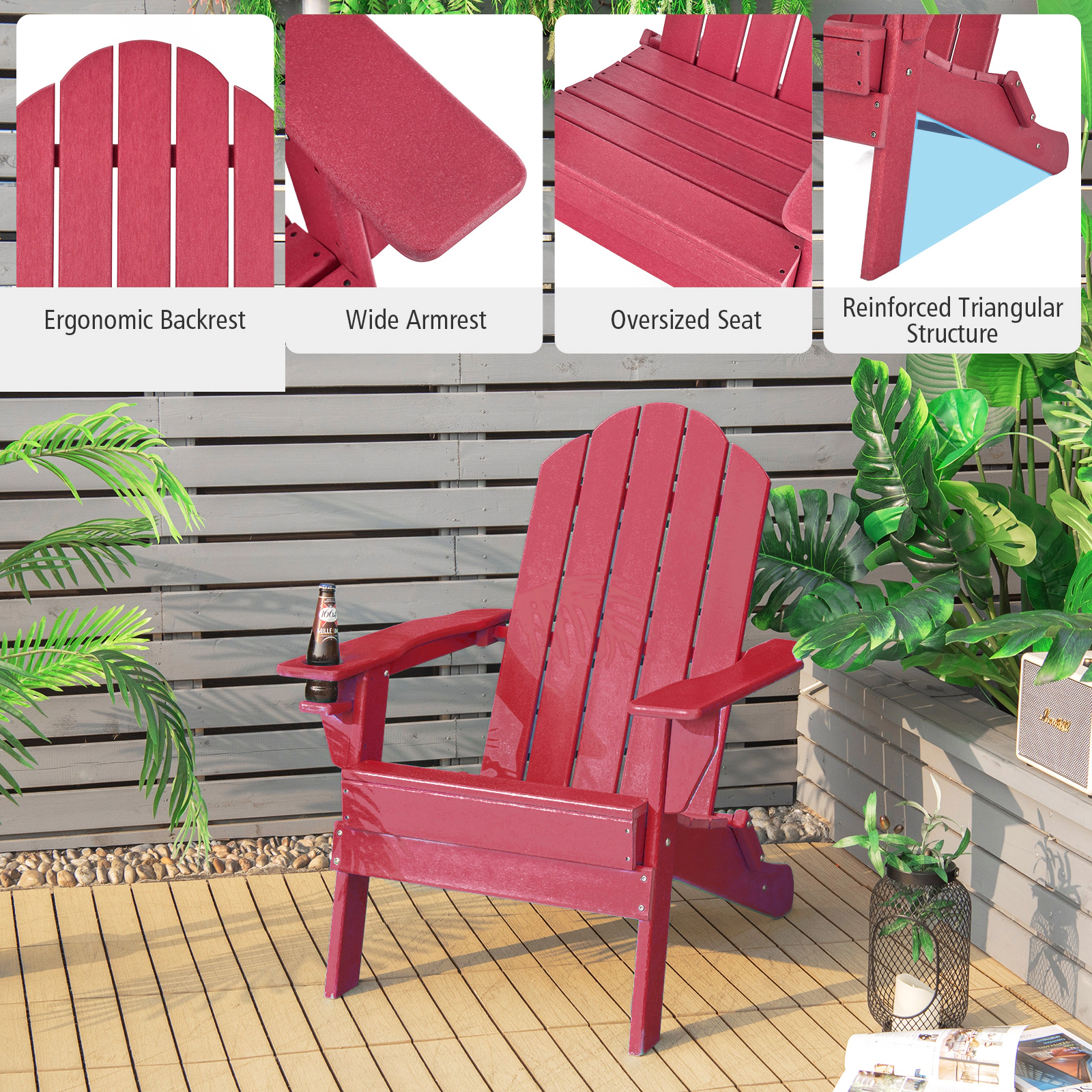 Hivvago Foldable Weather Resistant Patio Chair with Built-in Cup Holder