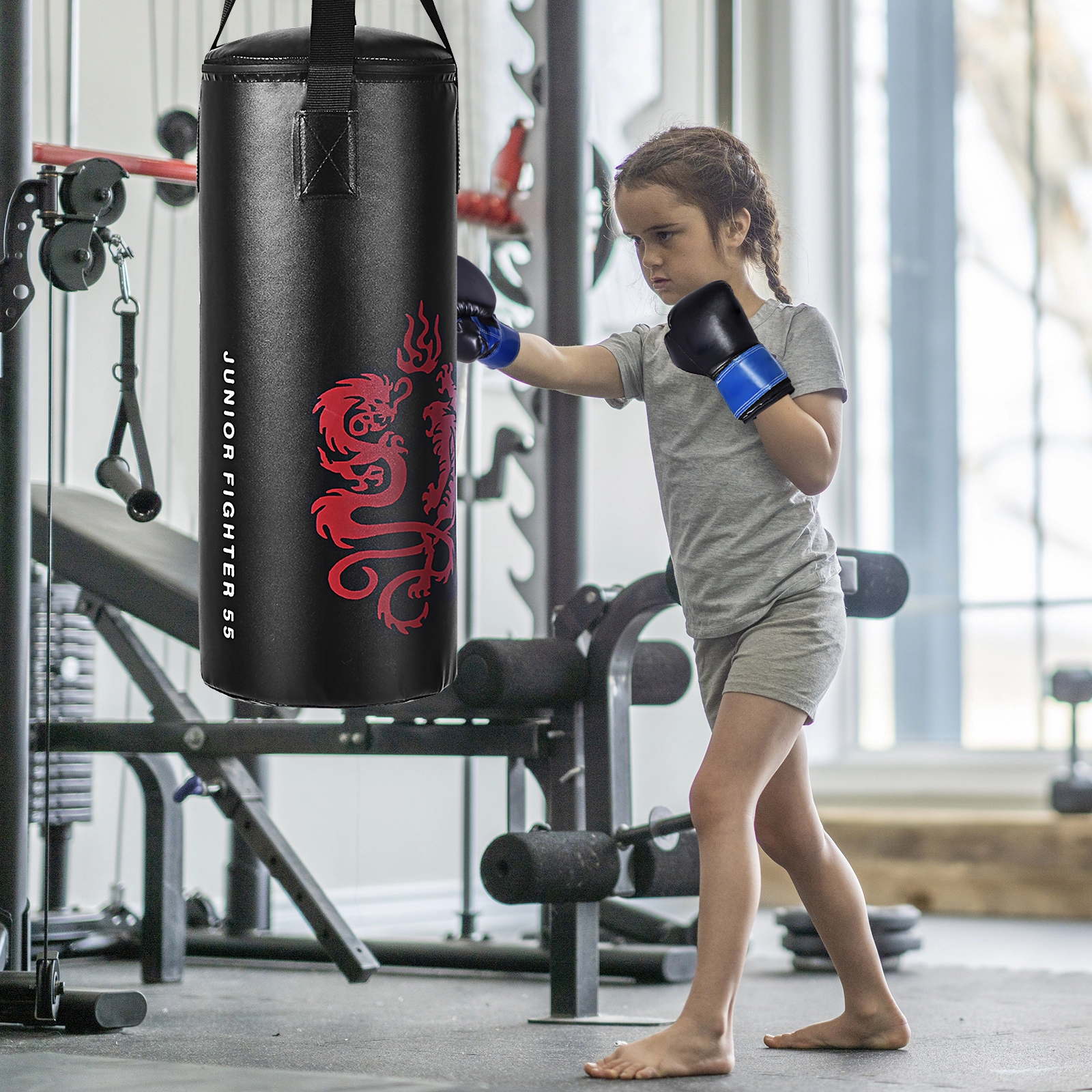 SUGIFT 5-Piece 24-in 22-lb Kids Punching Bag Boxing Set with 8-oz Gloves Skipping Rope Hook and Rucksack