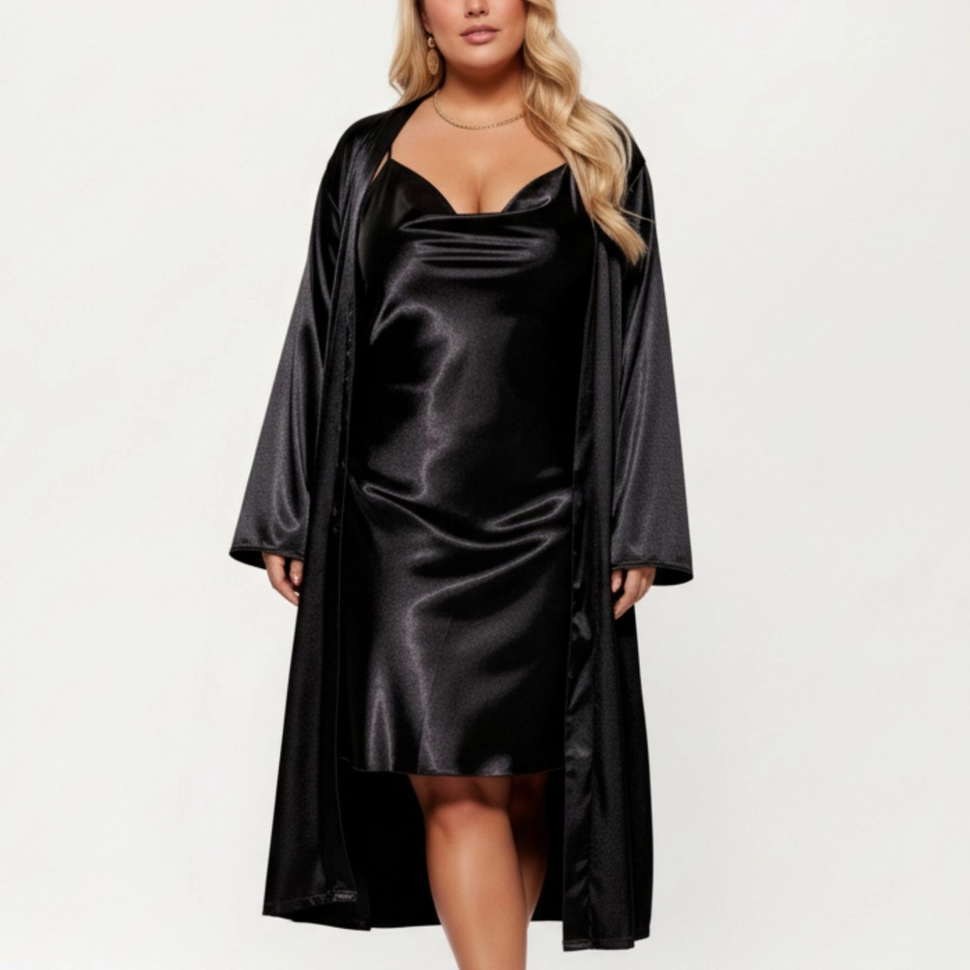 Anna-Kaci Women's Satin Slip Dress and Long Robe Set with Soft Draped Silhouette Elegant Flowing Layered Design