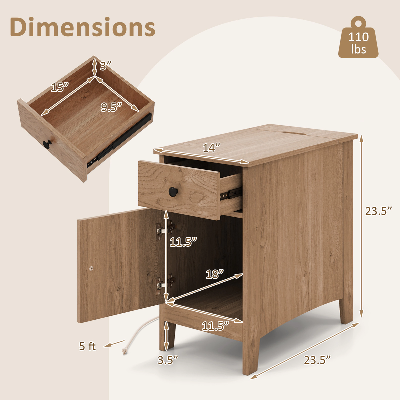 Hivvago Modern End Table with Power Outlets, USB Charging Ports, and Flip-Top Compartment