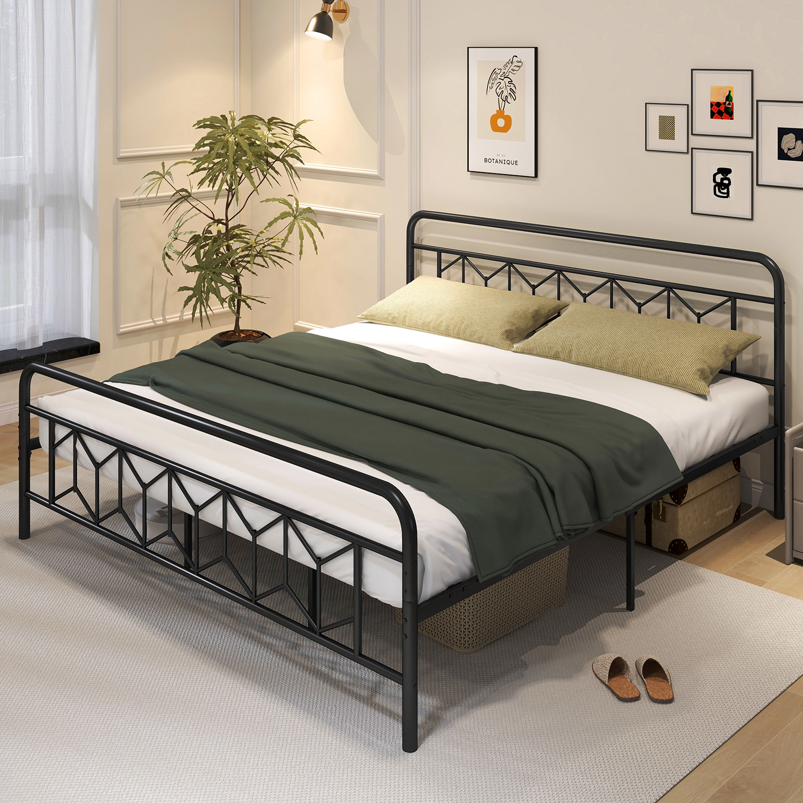 LJG Platform Bed with High Headboard and Snap Lock Metal Slats