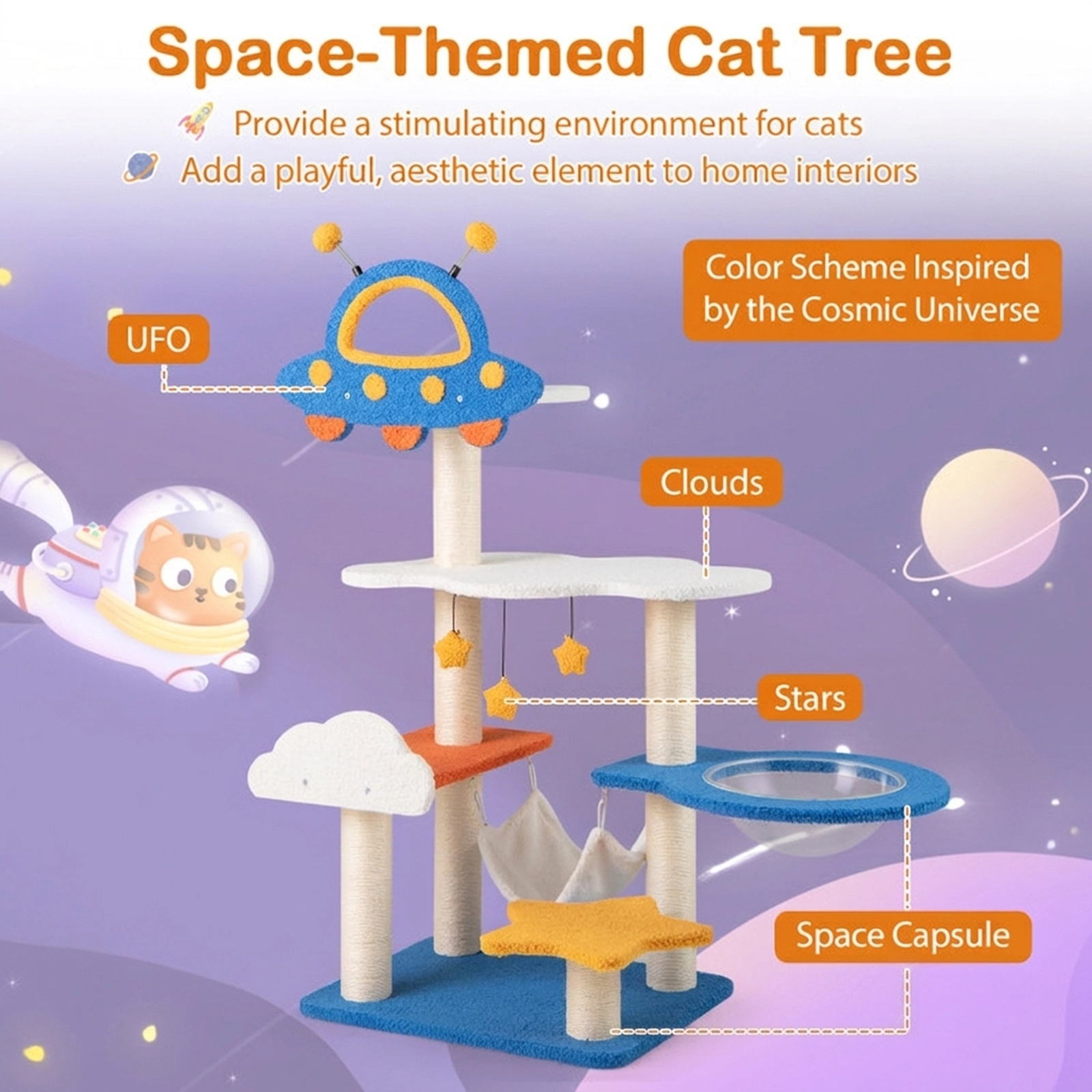 SUGIFT 49-in Tall Cat Tree with UFO Top Perch Space Capsule Hammock and Sisal Scratching Posts Blue