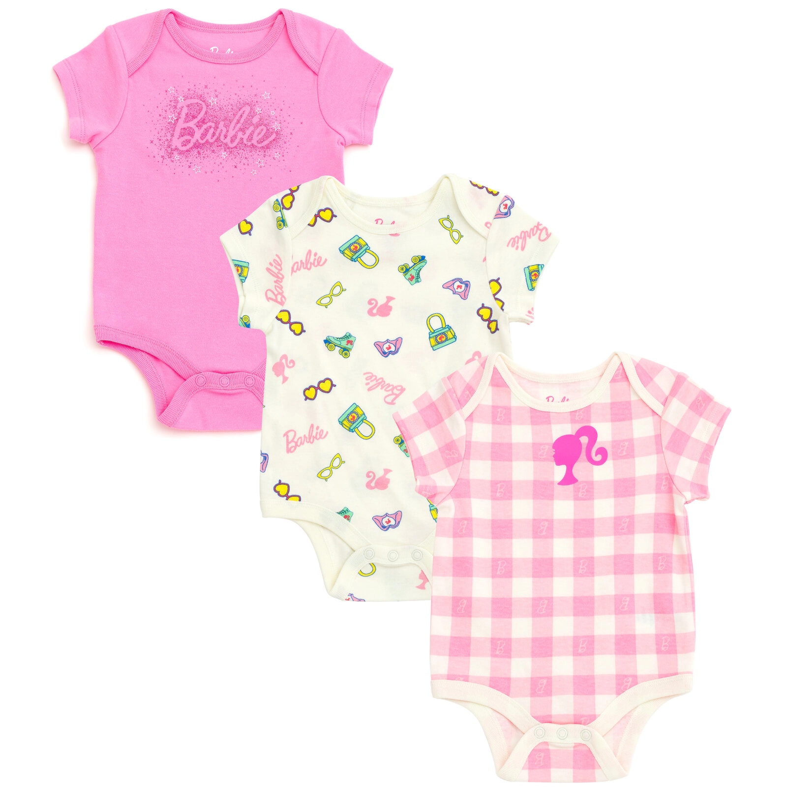 Barbie Baby Girls' 3-Pack One Piece Short Sleeve Bodysuits