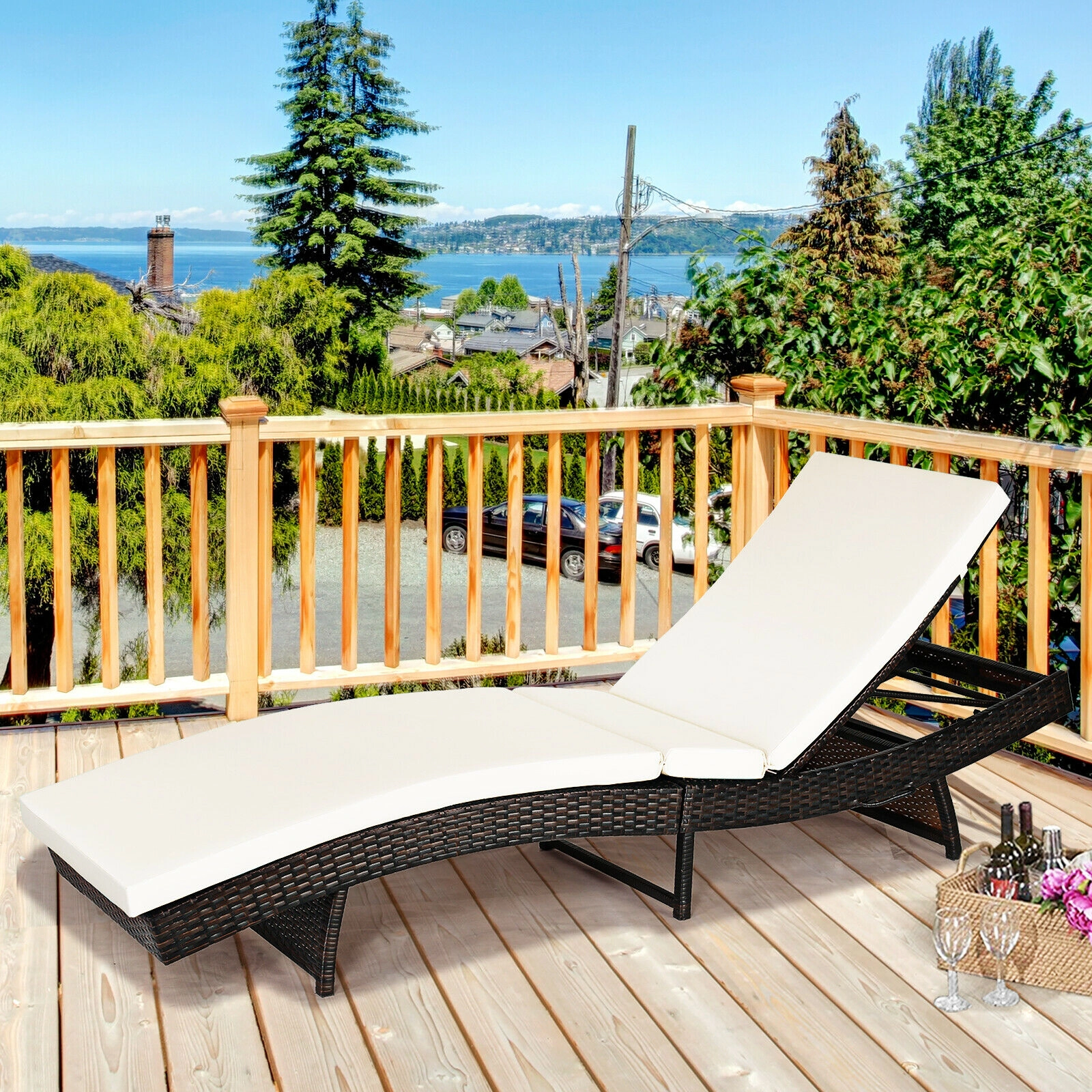 SUGIFT 83-In Folding Outdoor Chaise Lounge, White PE Rattan, 5-Level Backrest, 2.5-In Cushion