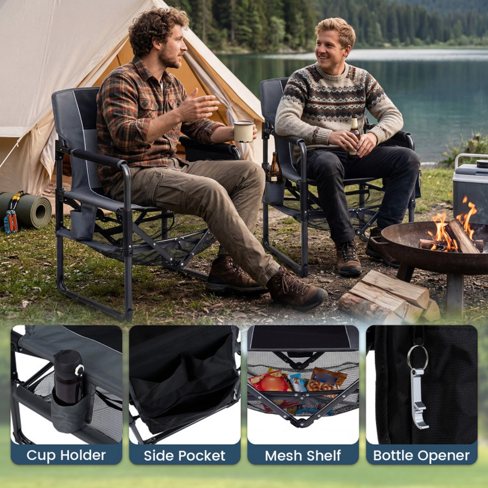 SUGIFT Black Folding Camping Chair with Cup Holder and Side Pocket 27-in W 21.5-in D 35.5-in H 330-lb Seat Capacity