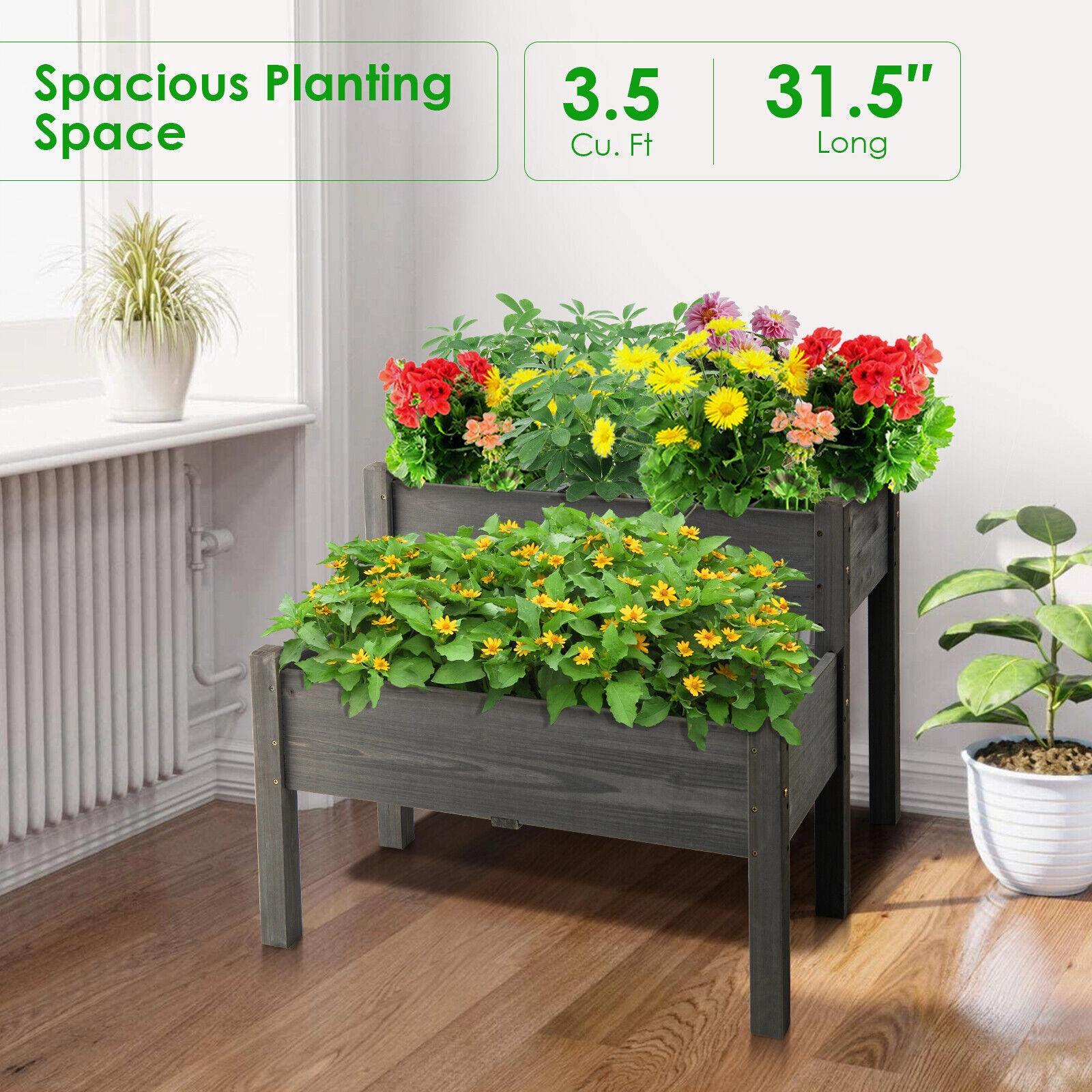 SUGIFT 2 Tier Fir Wood Outdoor Planter Raised Garden Bed with Legs 110-lb Capacity per Tier Gray