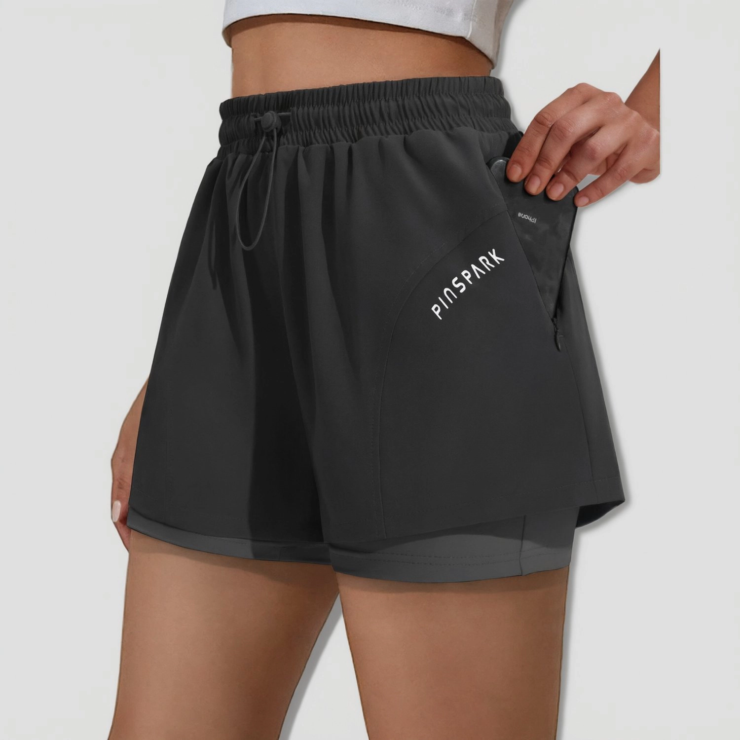 Pinspark Womens 2-in-1 Running Shorts Elastic Waist Drawstring Zip Pocket Gym