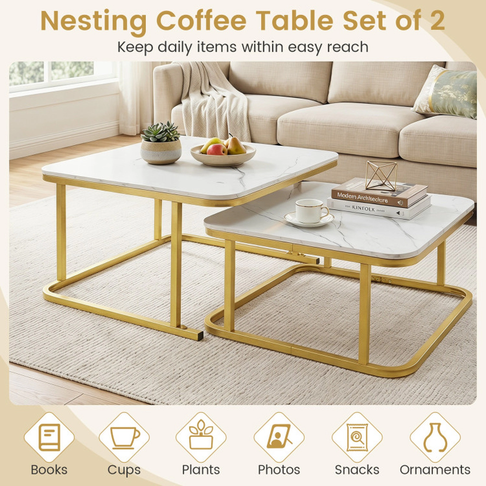 SUGIFT Nesting Stacking Coffee Table Set of 2 with Faux Marble Top and Metal Frame 66-lb Capacity White & Gold/Black