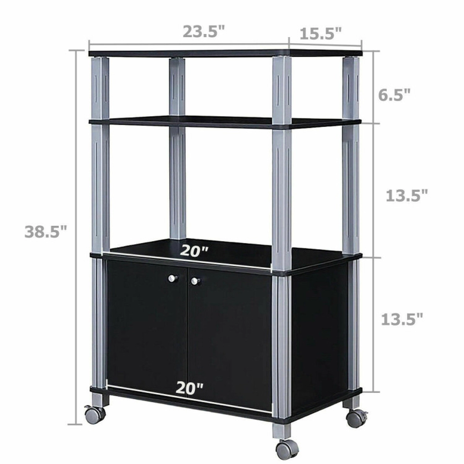 SUGIFT Black Rolling Microwave Cart with 2-Door Cabinet 3 Open Shelves and Locking Casters for Kitchen