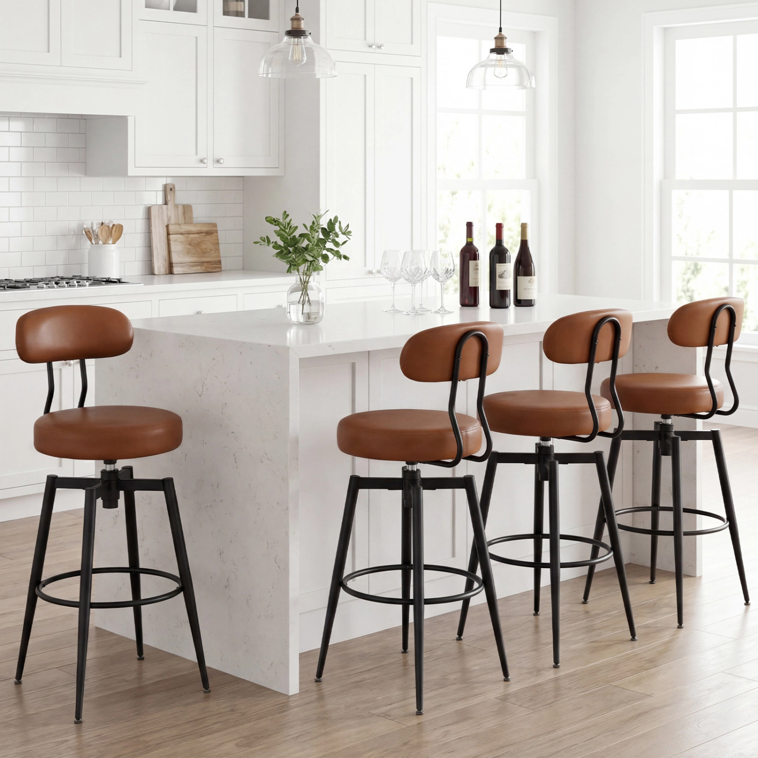 SUGIFT Set of 4 30-Inch Faux Leather Swivel Bar Stools, 330-Lb Capacity, Curved Back