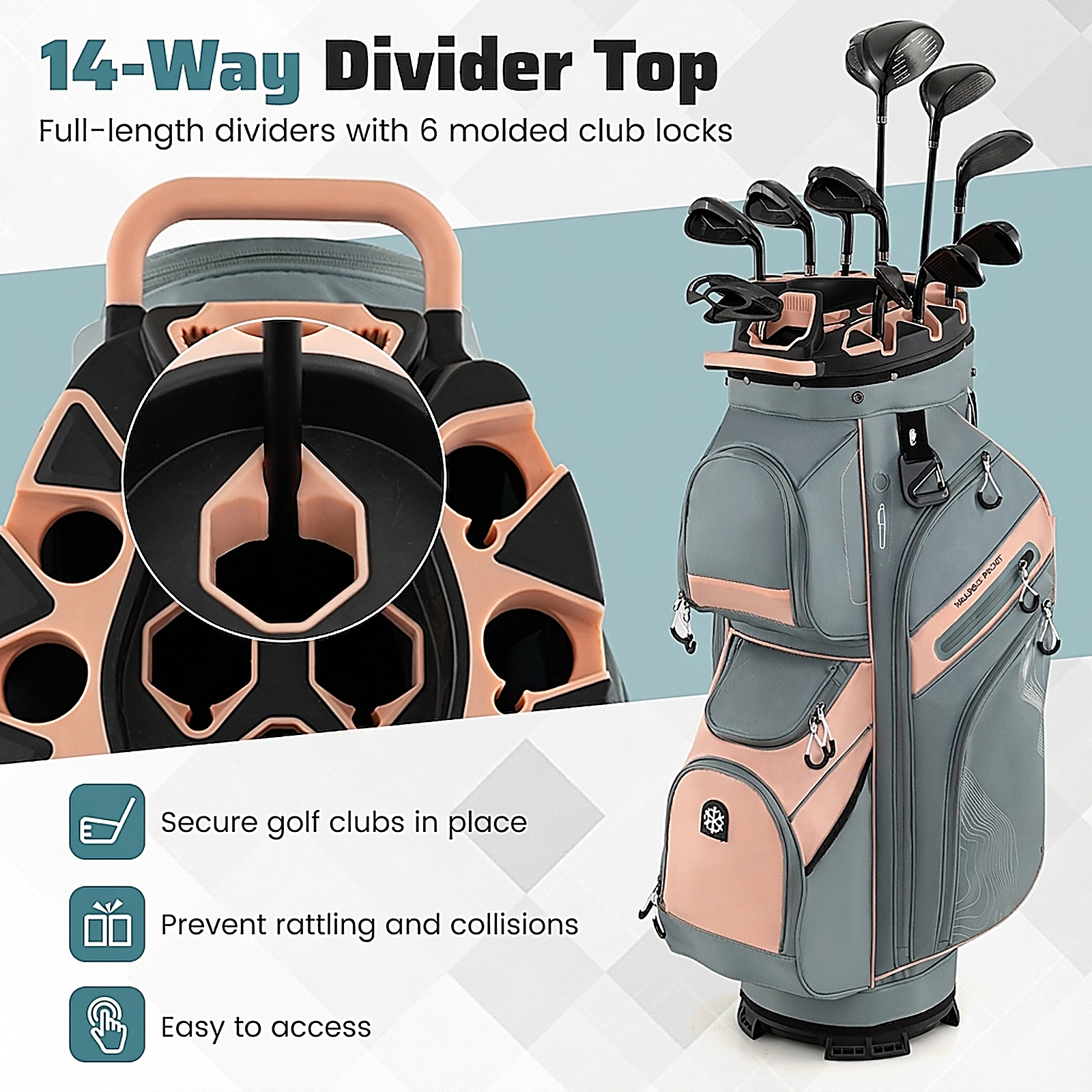 SUGIFT Molded Lock Top Golf Cart Bag with 14-Way Full Length Dividers 35.5-in Tall Orange