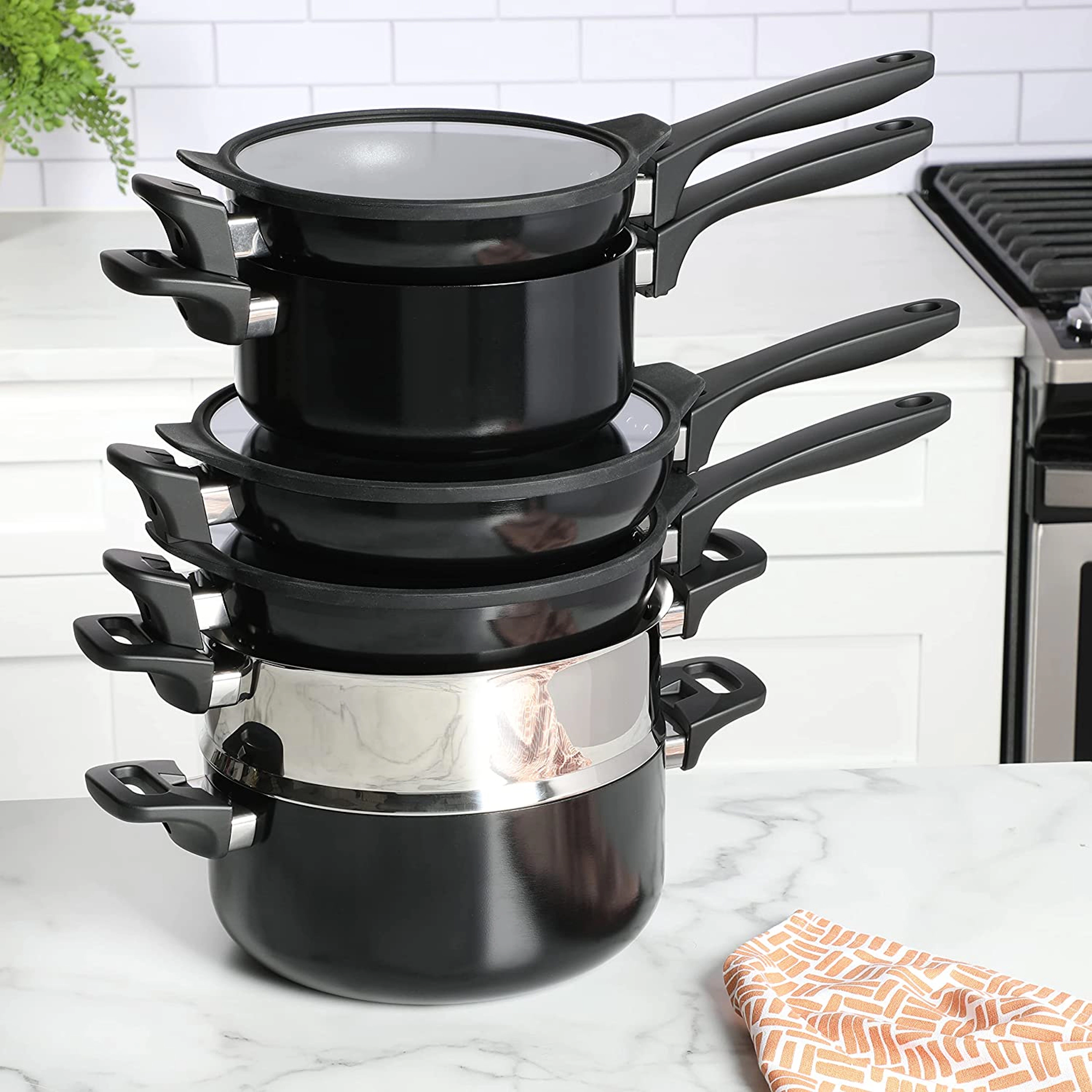 Kenmore Elite Grayson 9 Piece Nonstick Aluminum Stackable Cookware Set in Black