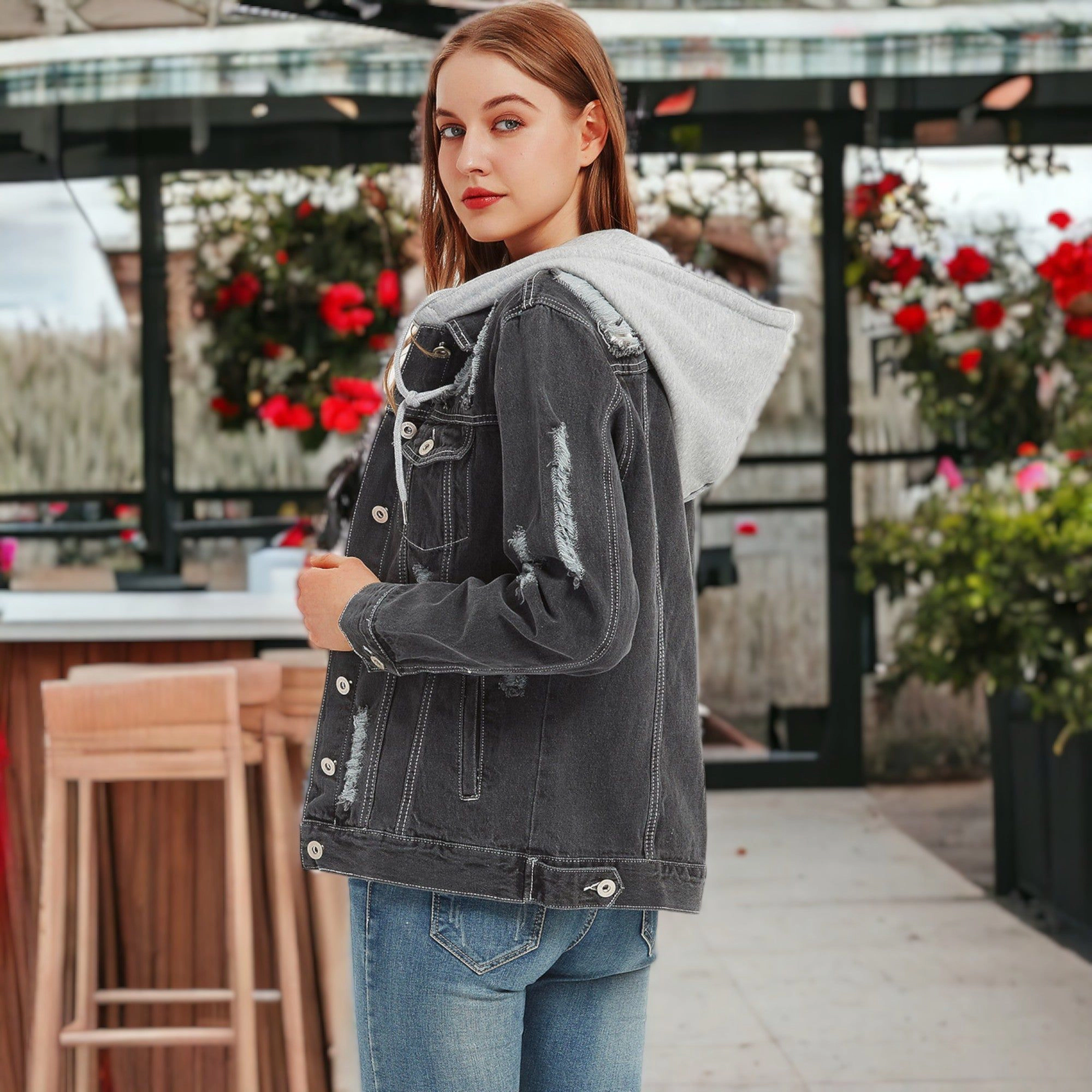 Anna-Kaci Women's Detachable Hoodie Denim Distressed Jean Jacket