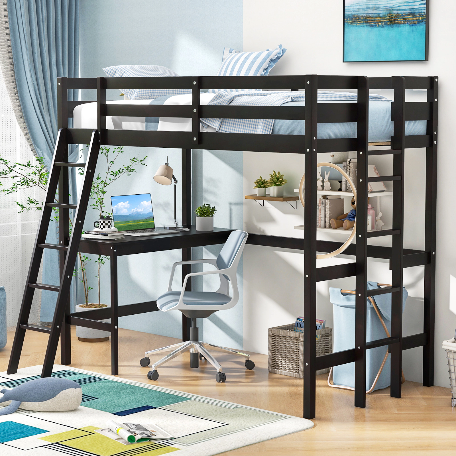 SUGIFT Espresso Angled Desk and Built-in Ladder Twin Teens Loft Bed Frame