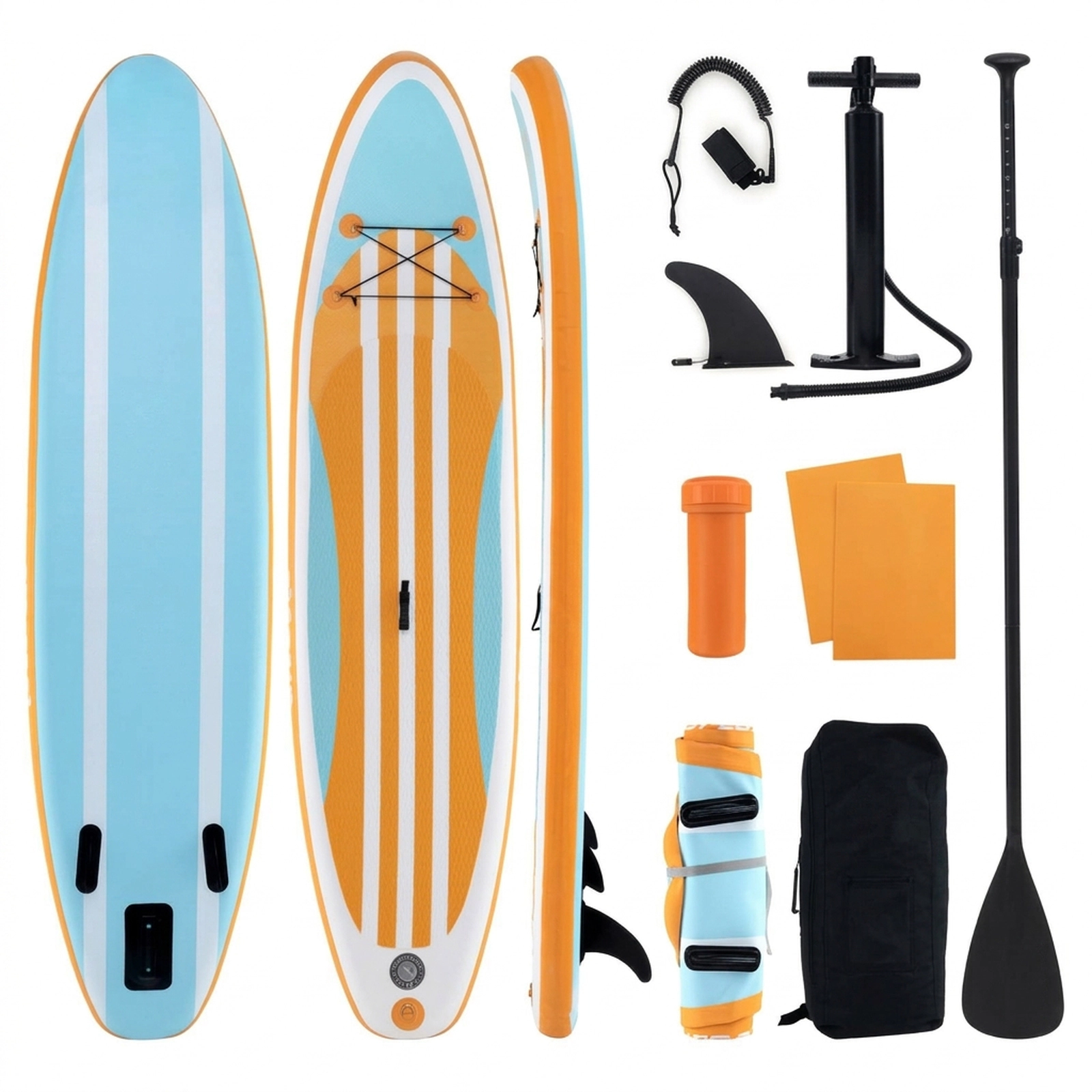 SUGIFT Inflatable Stand Up Paddle Board Water Toy with Adjustable Paddle and 3 Fins 350-lb Capacity 1-Person Blue+Yellow