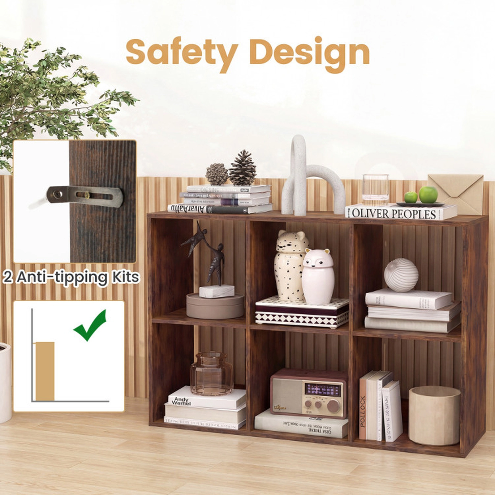 SUGIFT 6-Cube Rustic Brown 41-in Horizontal Low Bookshelf with Back Guardrail and 154-lb Tabletop