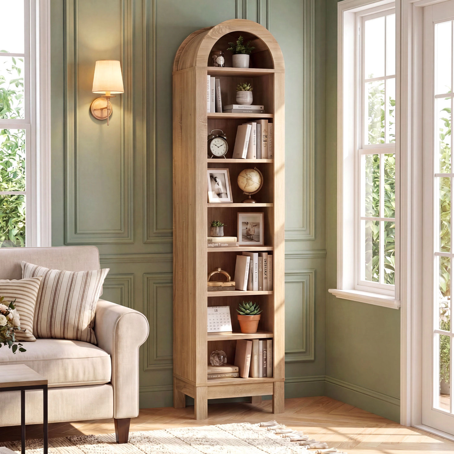 LJG 8-Tier Modern Arch Bookshelf with 3 Adjustable Shelves