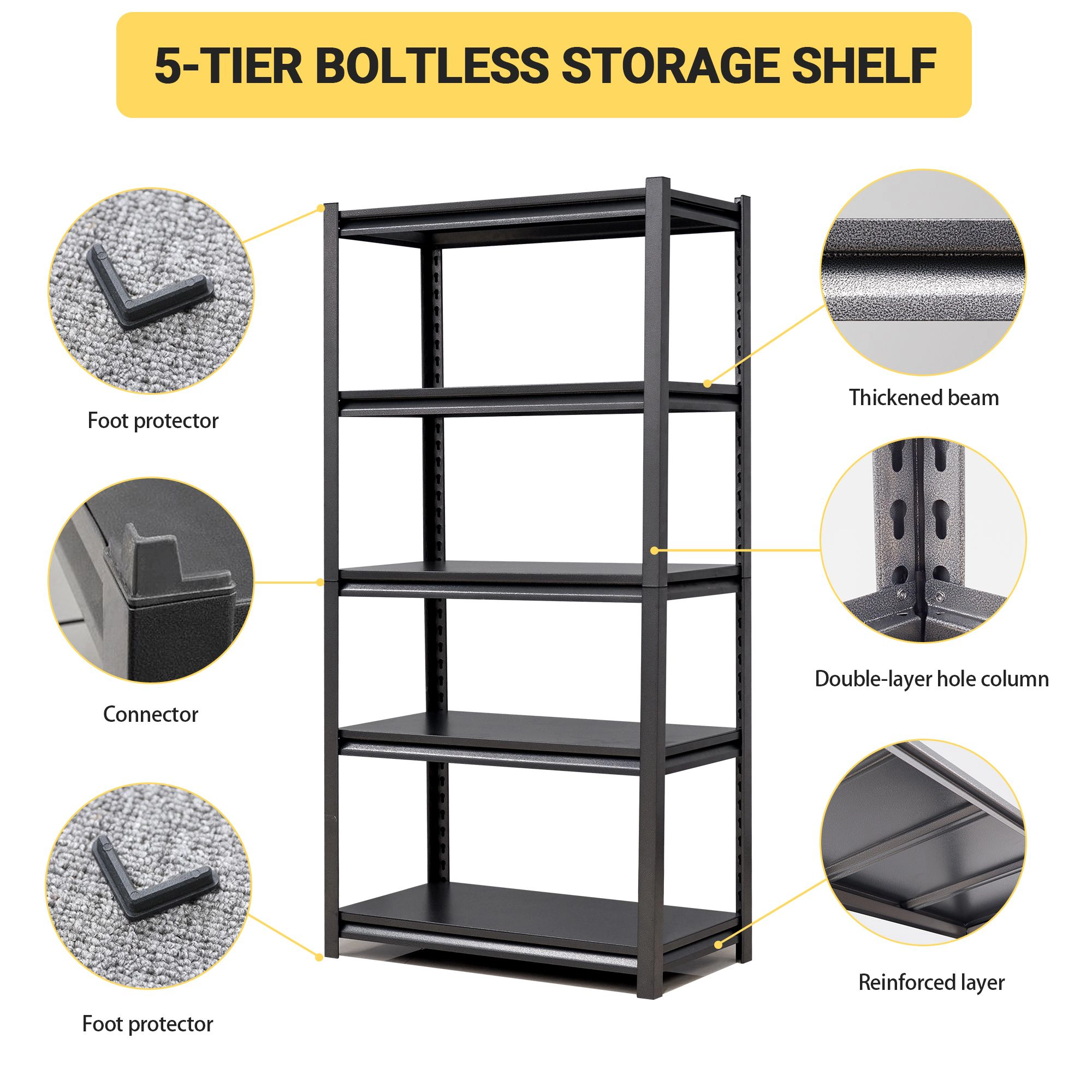 Flynama 72" H, 5-Tier Metal Shelves, 2000Lbs Capacity, Black, Garage/Industrial Storage