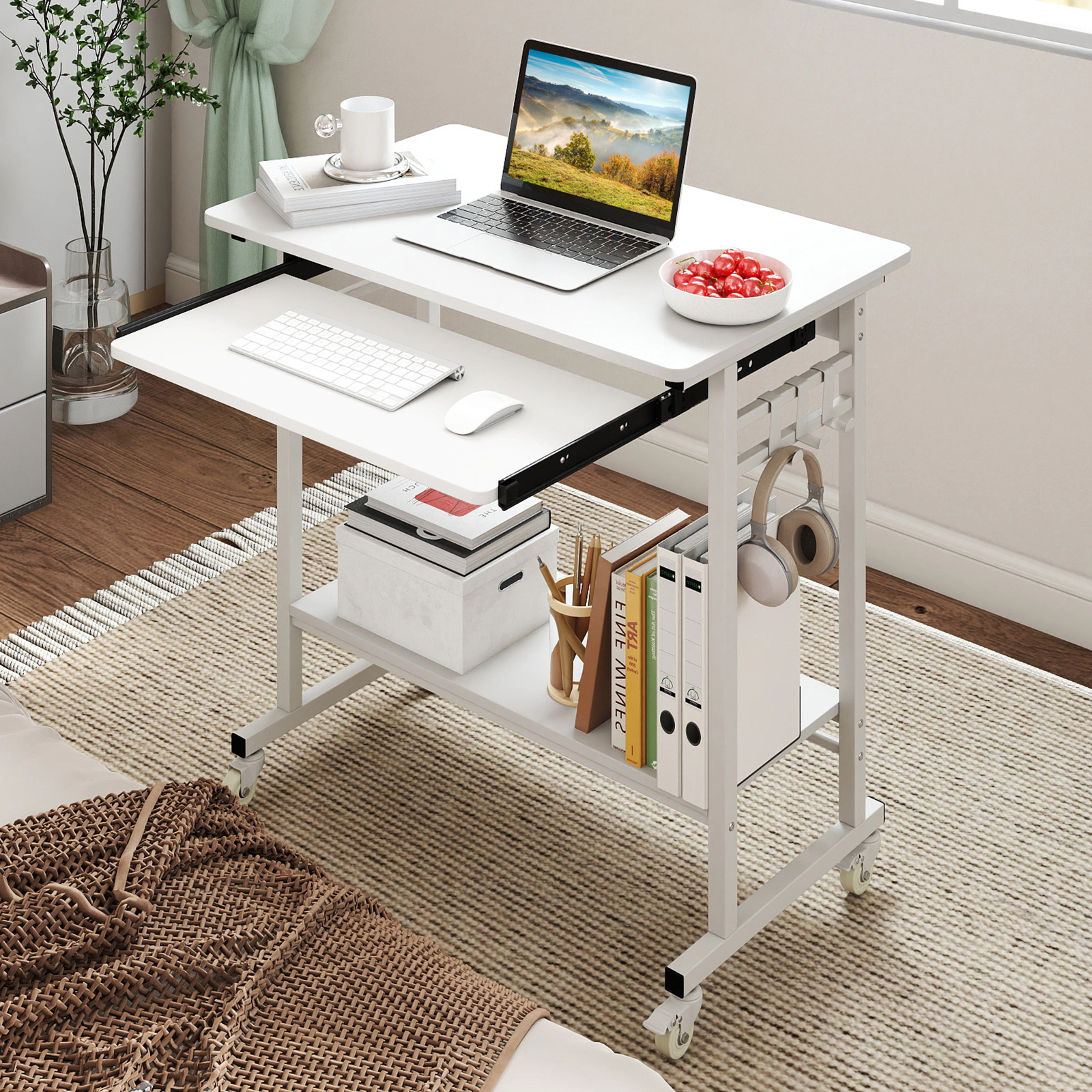 SUGIFT Rolling Laptop Table with Pull-out Keyboard Tray, Hooks and Bottom Shelf 160-lb Tabletop Capacity White