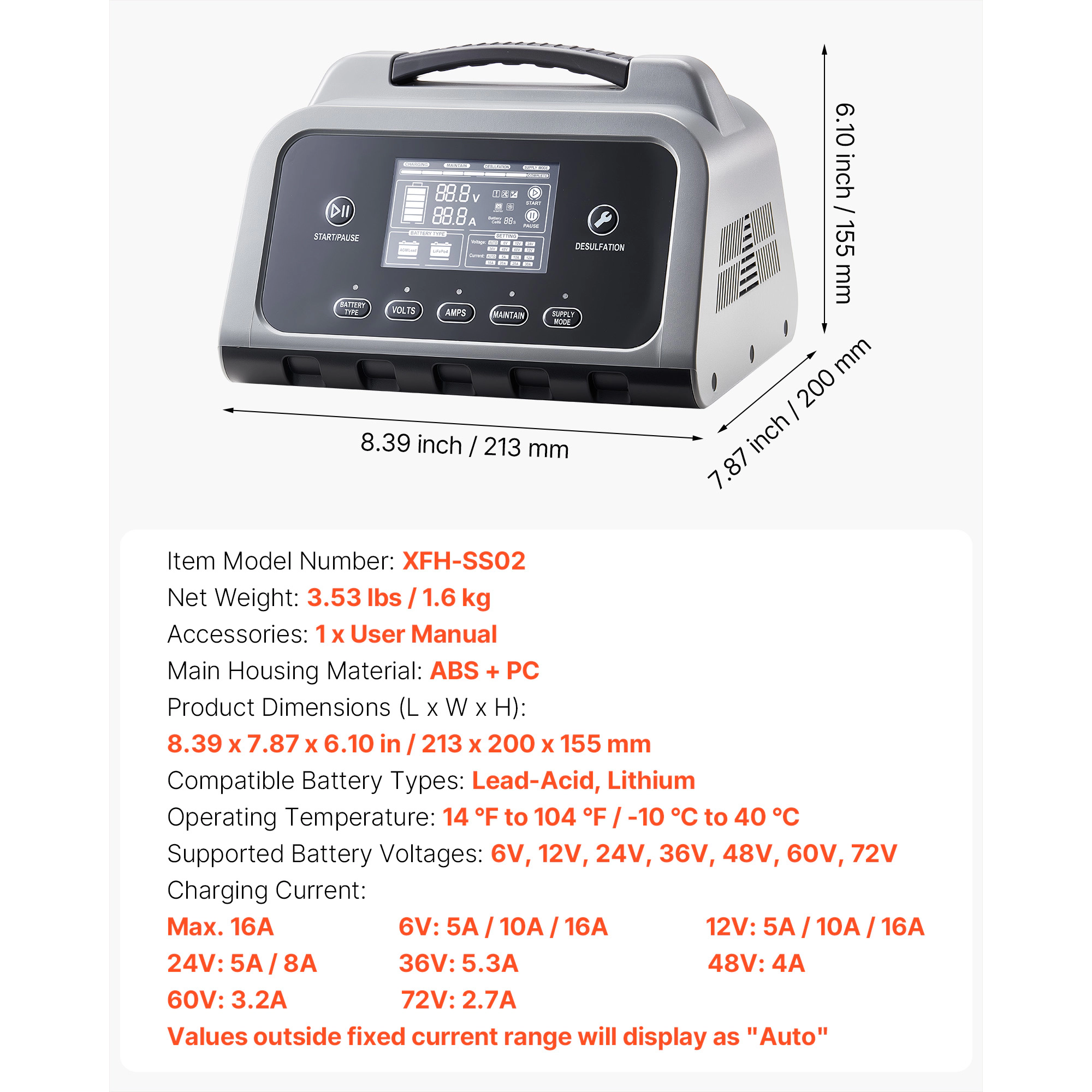 HONGGE Smart Battery Charger, 6V 12V 24V Lithium LiFePO4 Lead-Acid (Gel/AGM) Car Battery Charger, with LCD Display