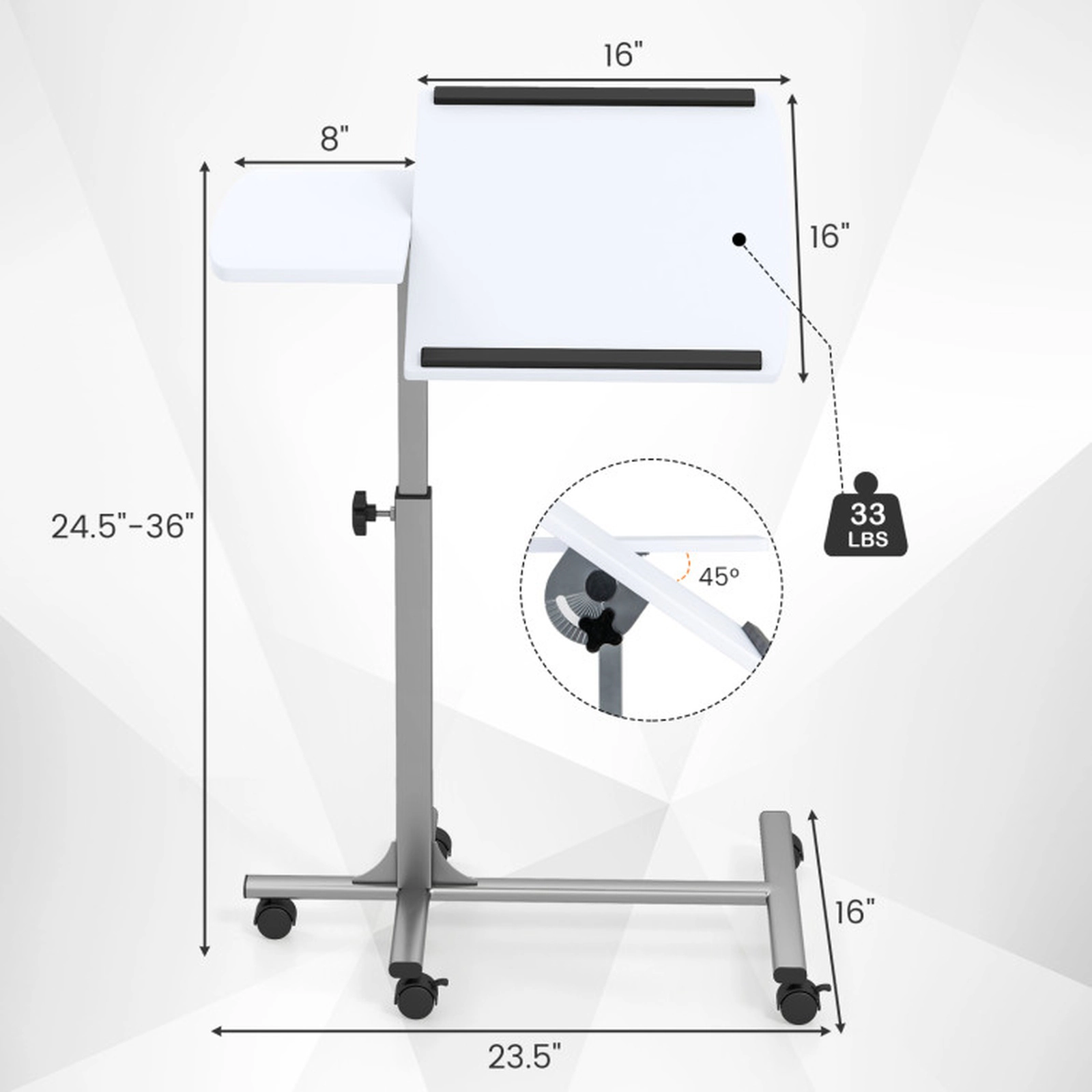 SUGIFT Tilting Top Swivel Casters Rolling Laptop Desk 23.5-in x 16-in 24.5-in to 36-in Height 33-lb Capacity White