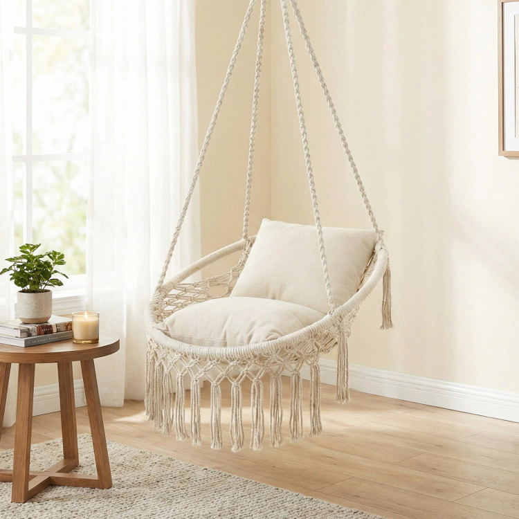 Hivvago Macrame Swing Chair Hammock With 2 Removable Cushions