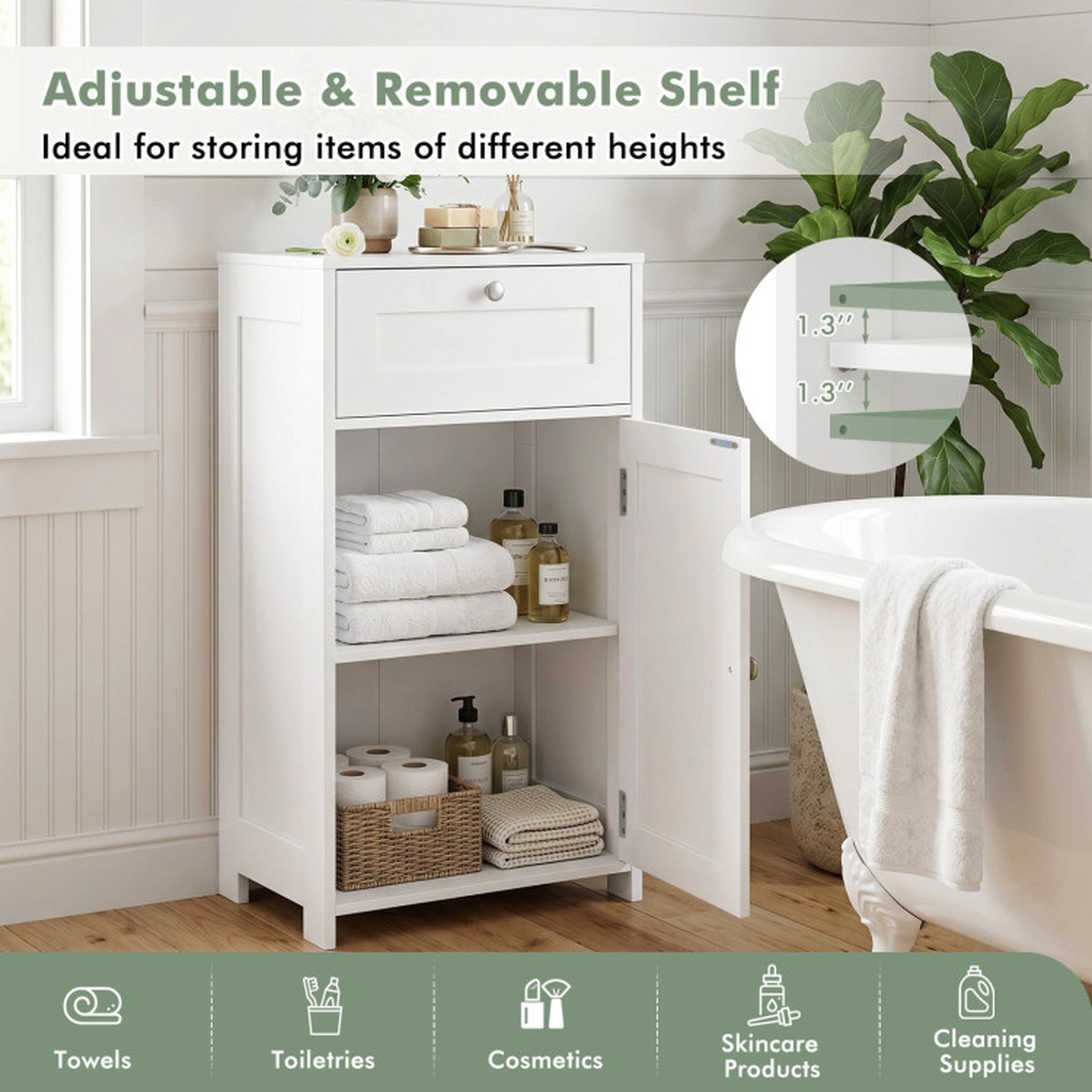 SUGIFT Single Door Drawer Adjustable Shelf Bathroom Storage Cabinet 17-in x 13.5-in x 30.5-in 220-lb Capacity White
