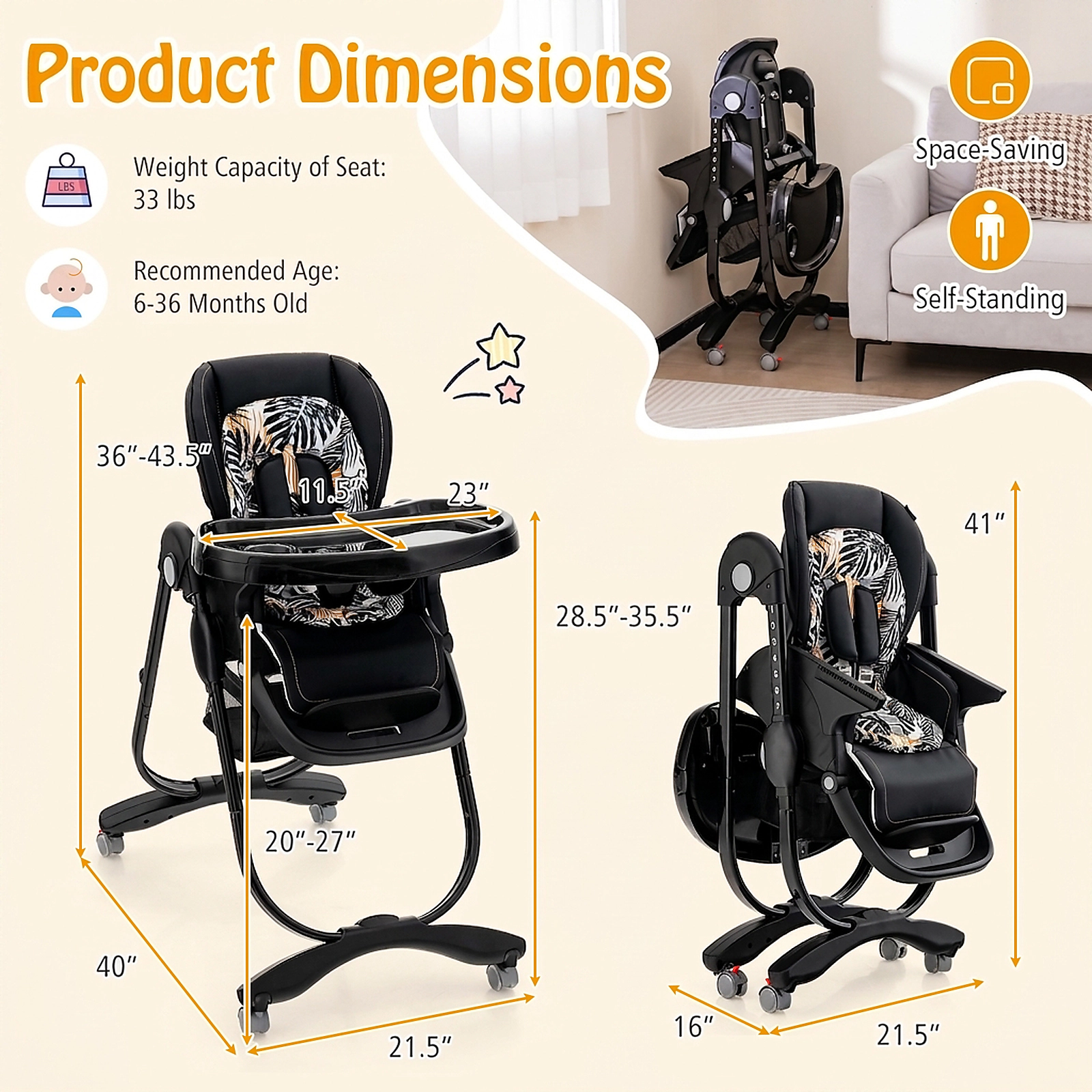 Multifunctional Folding Baby High Chair Lockable Swivel Wheels 7 Adjustable Heights Removable Cup-Slot Tray Black