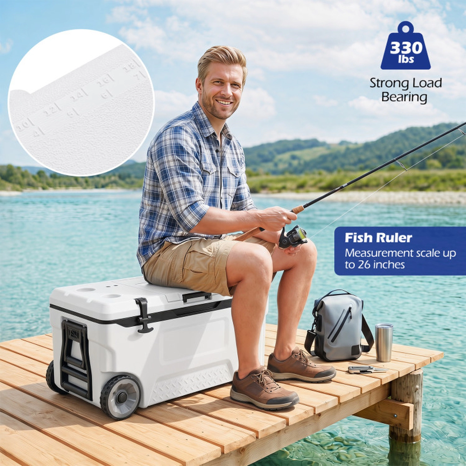 SUGIFT 74-qt White Rolling Cooler Ice Chest with Fish Ruler 4 Cup Holders Bottle Opener and Flip-Up Window