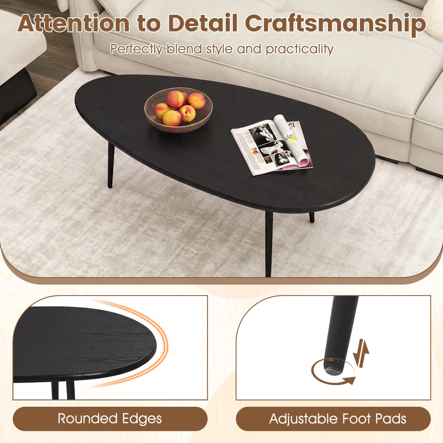 Glintex 42.5-Inch Oval Coffee Table with Metal Legs and Rounded Edges