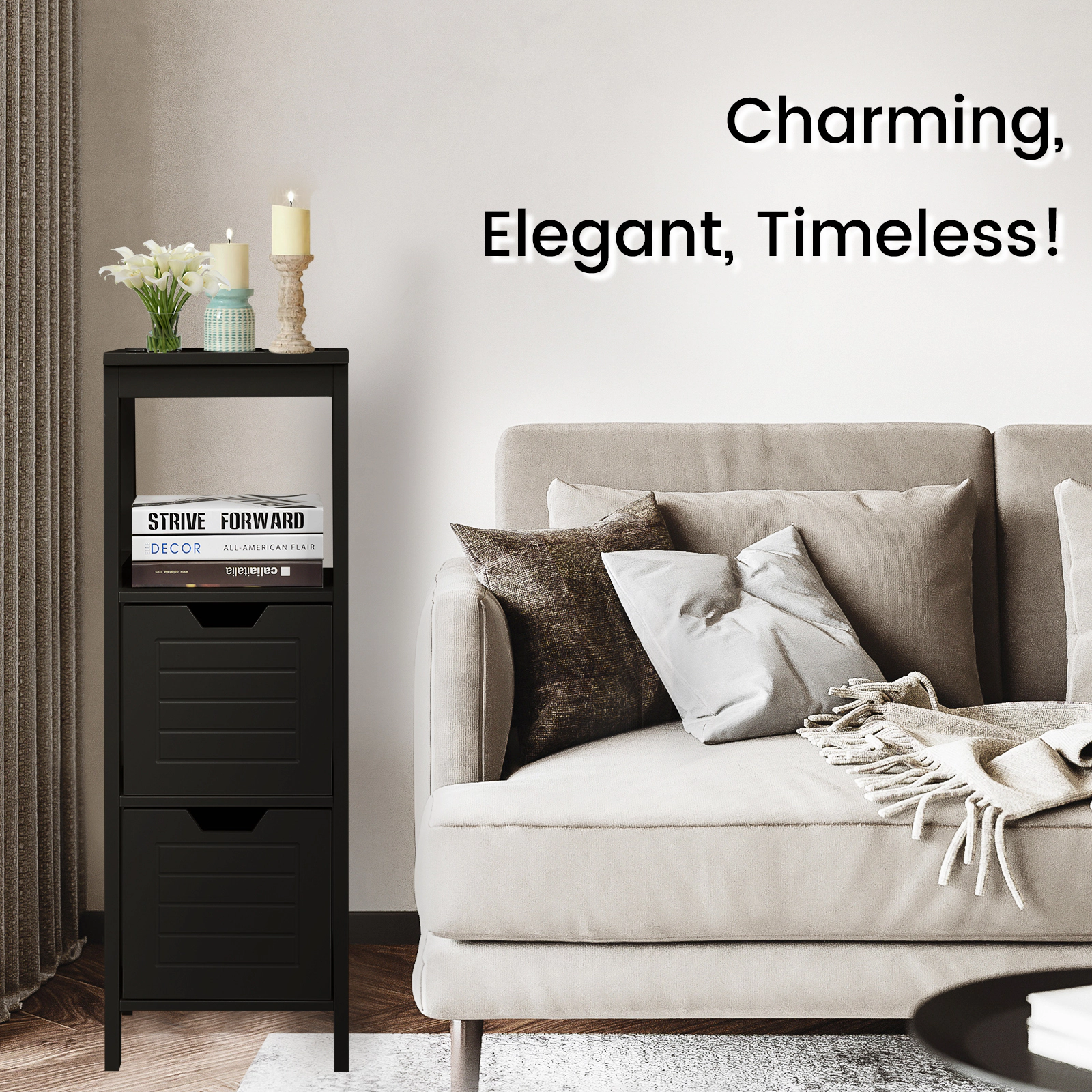 Slickblue Black Storage Organizer Cabinet with 2 Drawers and Open Display Shelf
