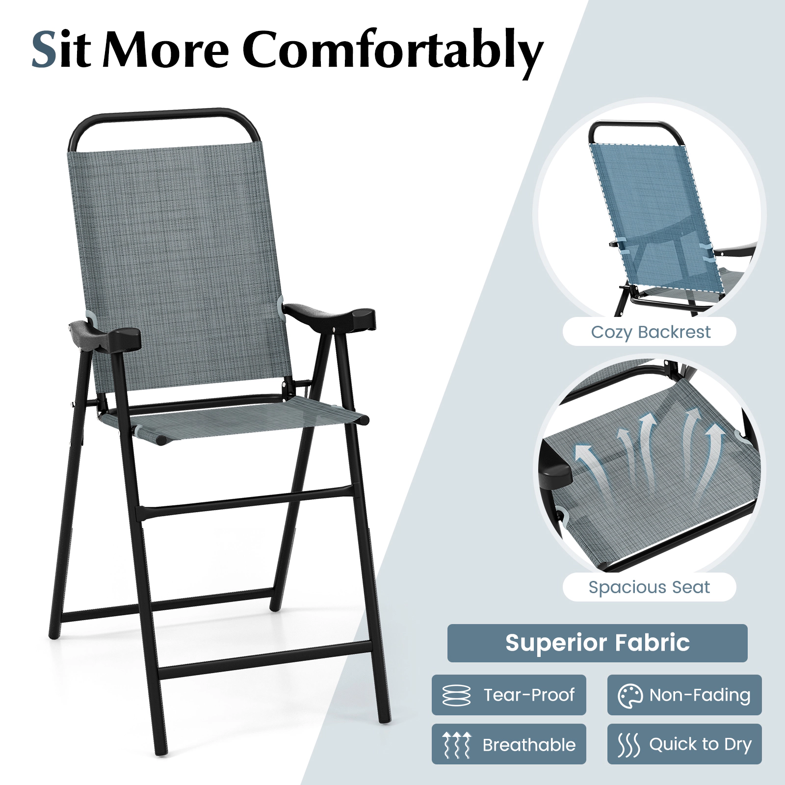 SUGIFT Folding Patio Bar Stool Set of 2 with Metal Frame Footrest and Armrests 330-Lb Capacity Blue