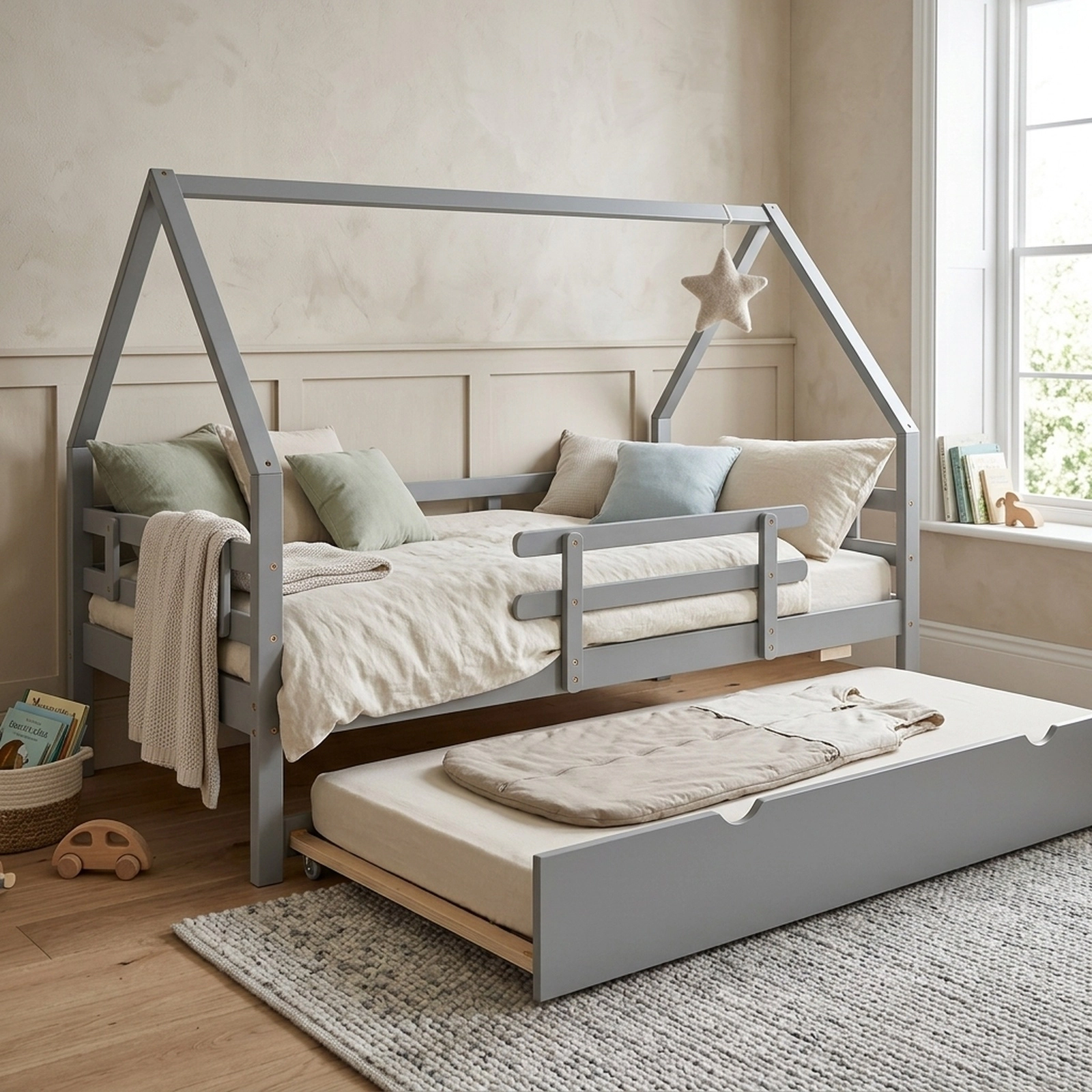 SUGIFT Twin House Bed with Pull-Out Trundle, Fence Rails, Gray Pine Wood, 330-Lb Capacity