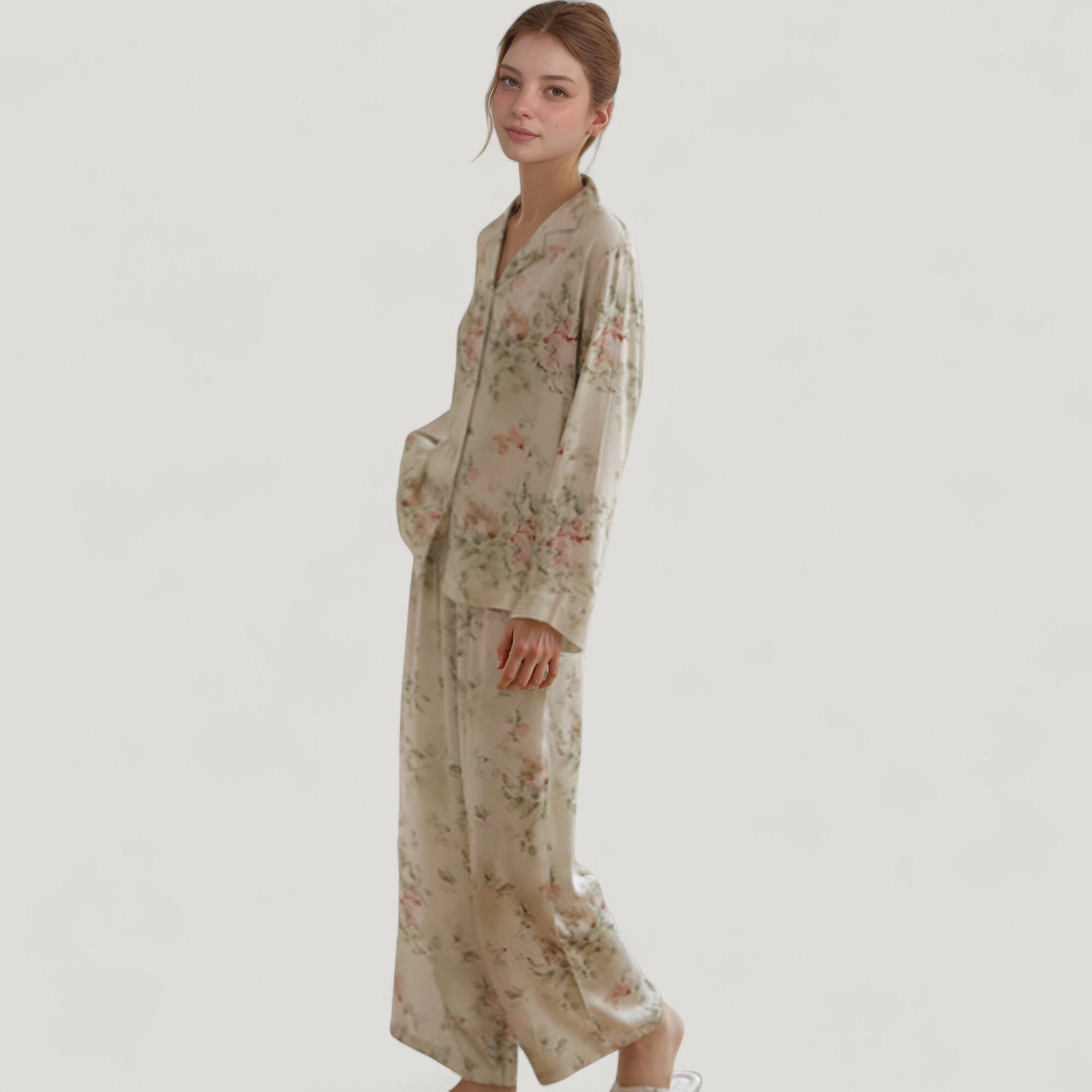 Anna-Kaci Women's Woven Floral Long Sleeve Button Down Pajama Set with Wide Leg Pants and Relaxed Fit