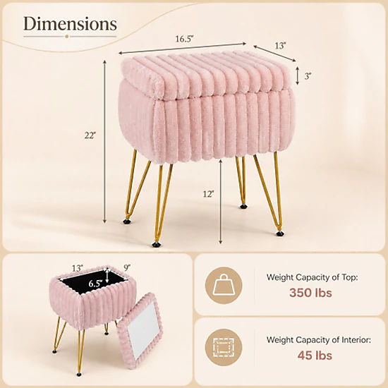 SUGIFT Pink Faux Fur Vanity Stool Storage Ottoman, Reversible Lid ...
