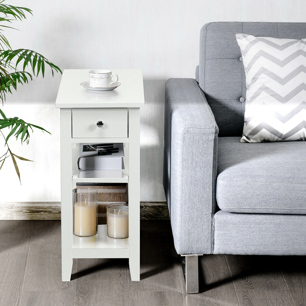 Slickblue White Side Table with Drawer and Open Shelves for Bedroom Living Room