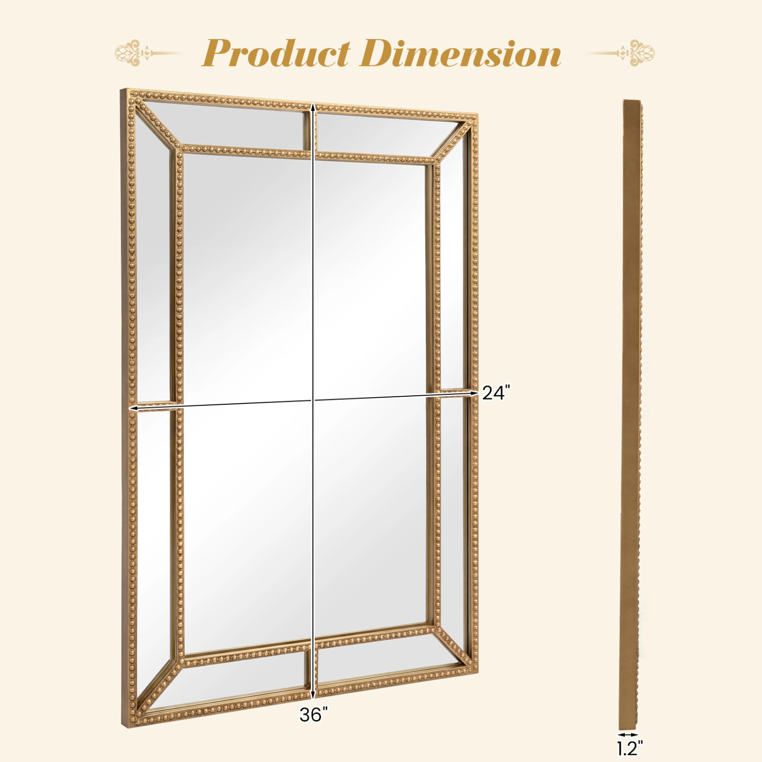 Slickblue 36 x 24 Inch Rectangle Wall Mirror Beaded Metal Frame Vanity Mirror for Bathroom Bedroom