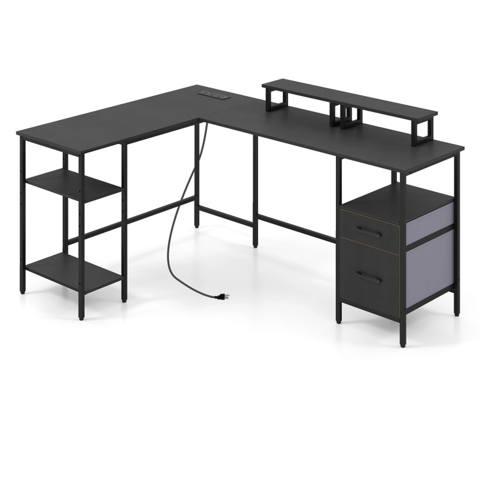 SUGIFT L Shaped Computer Desk with Power Outlet and Reversible Monitor Stands 155-lb Tabletop Capacity Black