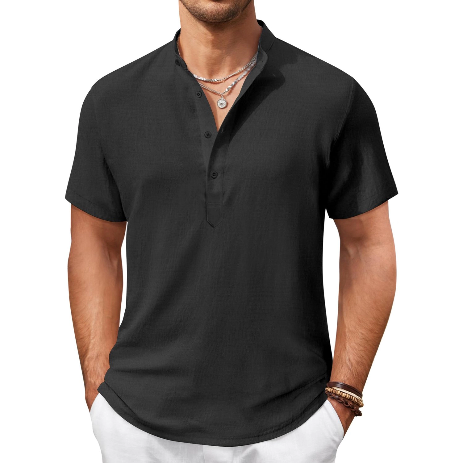 COOFANDY Mens Short Sleeve Henley V Neck Shirt Button Placket Casual  Tops