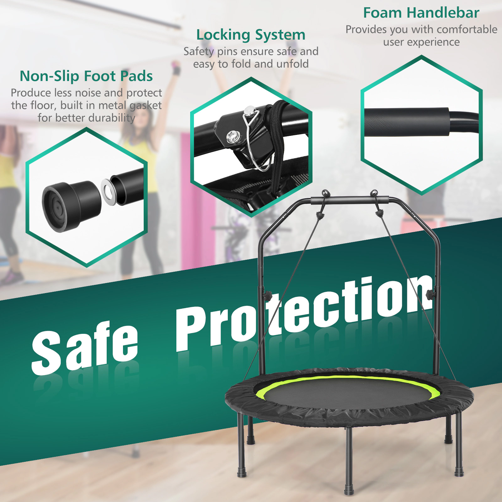 SUGIFT Green Adjustable Handrail and Resistance Bands 40 Inch Foldable Adult Fitness Rebounder