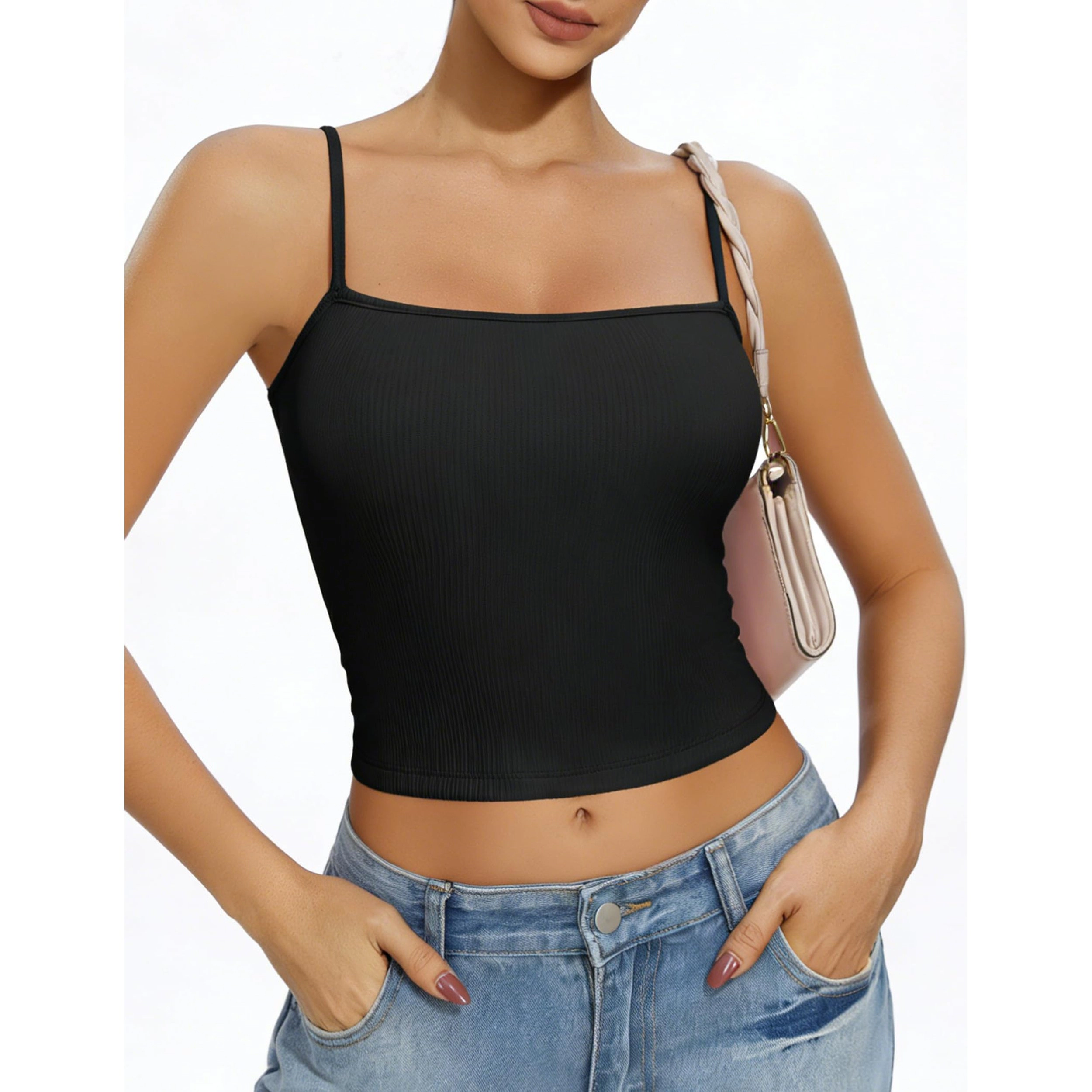 Ekouaer Women's Square Neck Spaghetti Strap Ribbed Camisole Top