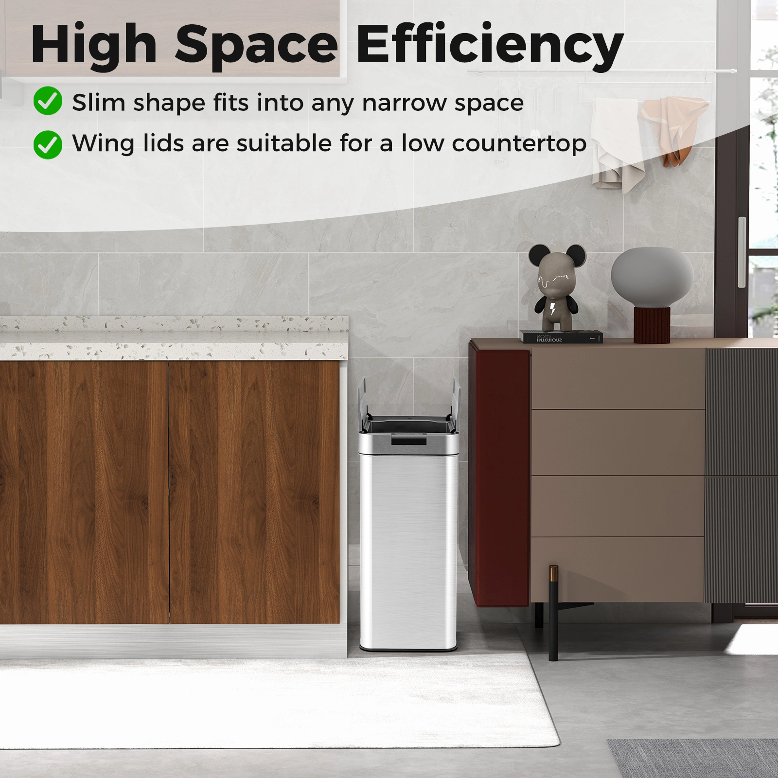 Hivvago 13.2 Gal Slim Kitchen Trash Can with Wing Lids and Stainless Steel Frame